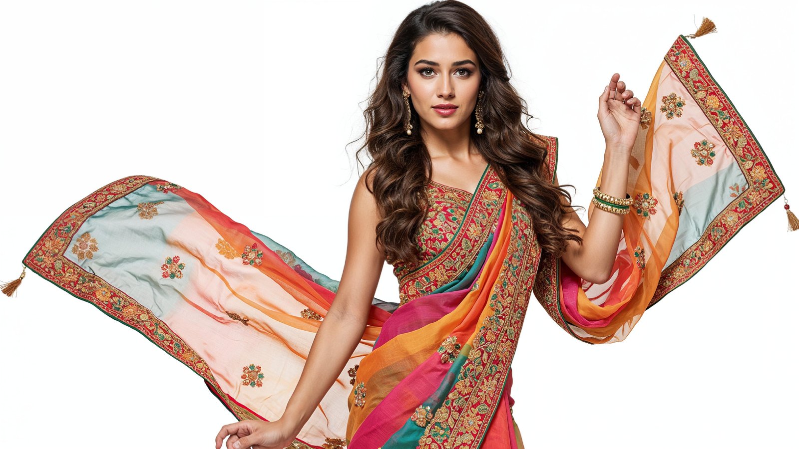 Beautiful Indian Woman Wearing Traditional Saree in Studio Portrait