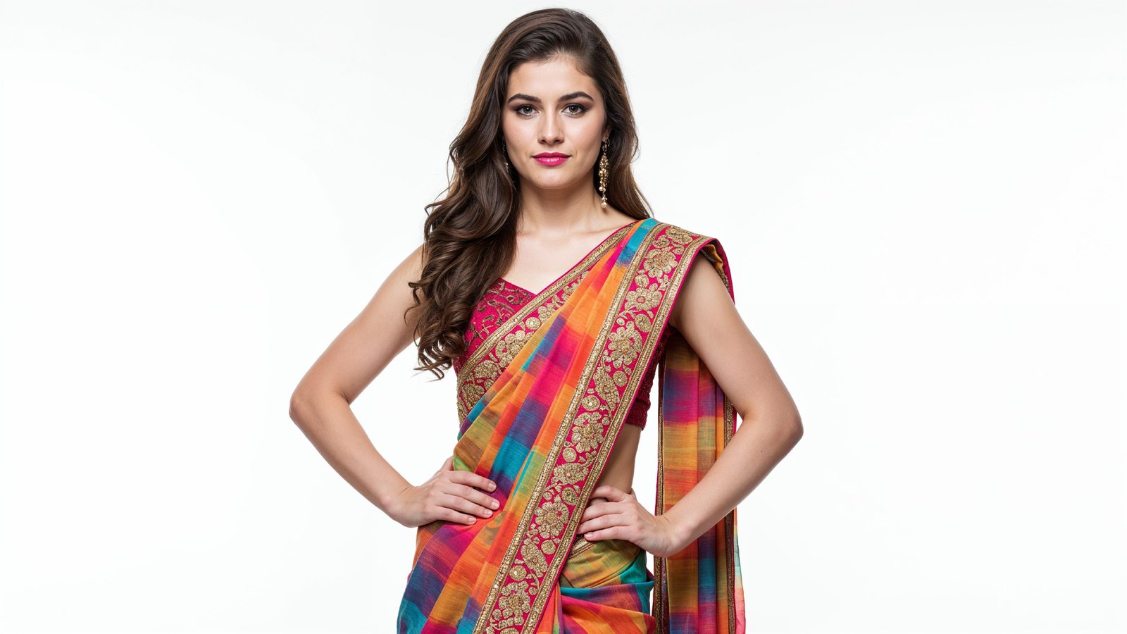 Beautiful Indian Woman Wearing Traditional Saree in Studio Portrait