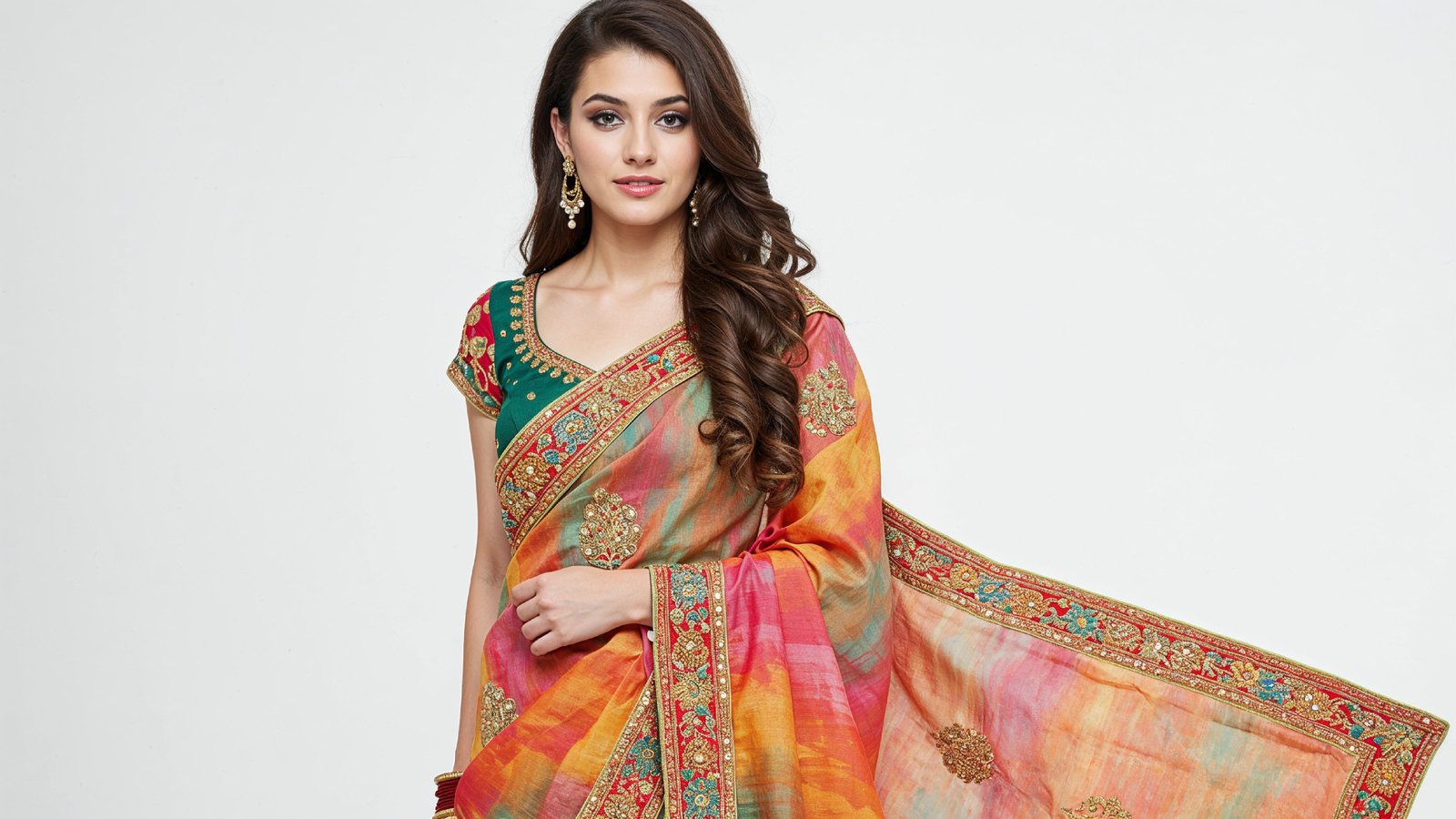Beautiful Indian Woman Wearing Traditional Saree in Studio Portrait