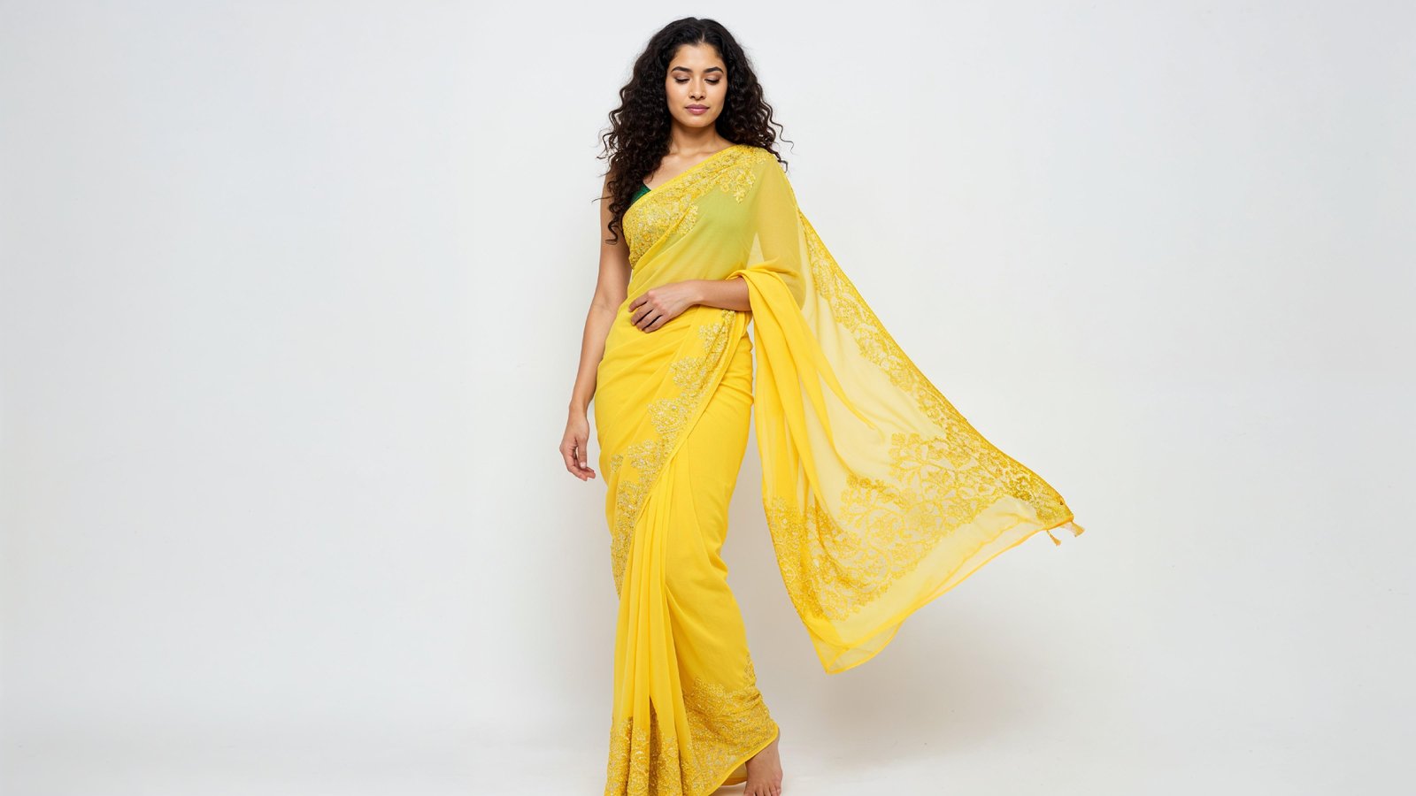 Beautiful Indian Woman Wearing Traditional Saree in Studio Portrait
