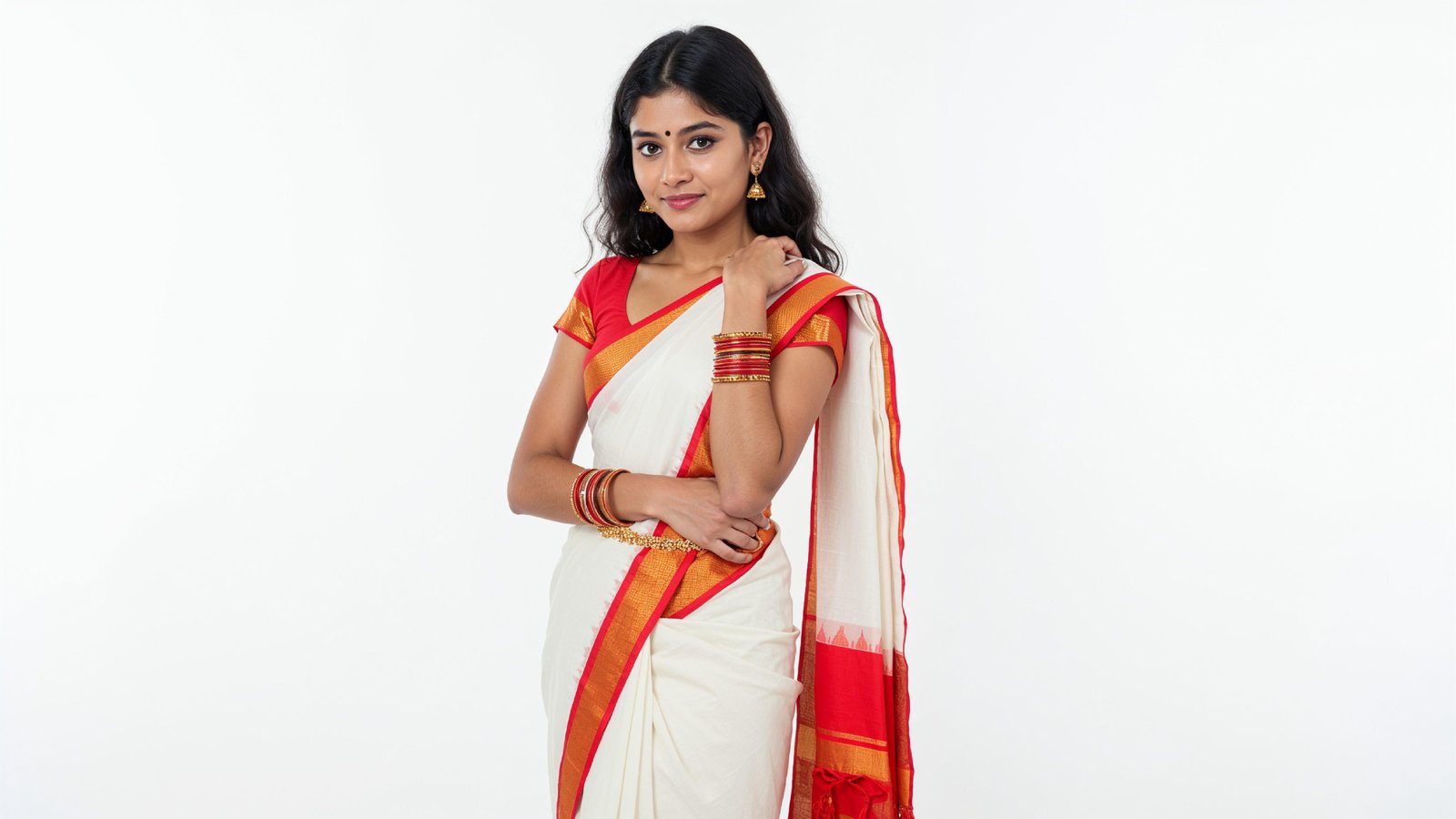Beautiful Indian Woman Wearing Traditional Saree in Studio Portrait
