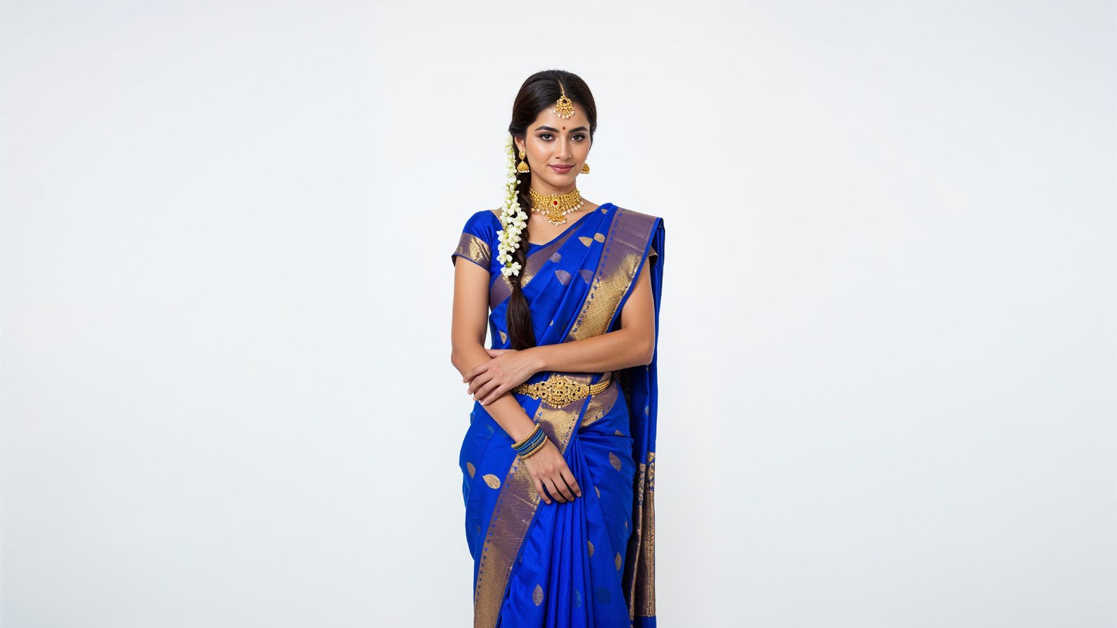 Beautiful Indian Woman Wearing Traditional Saree in Studio Portrait