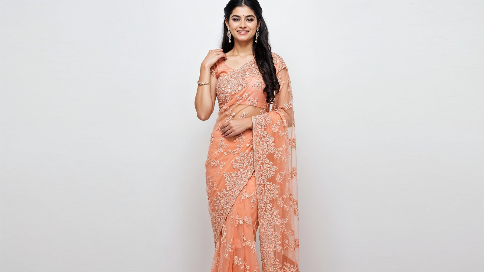 Beautiful Indian Woman Wearing Traditional Saree in Studio Portrait