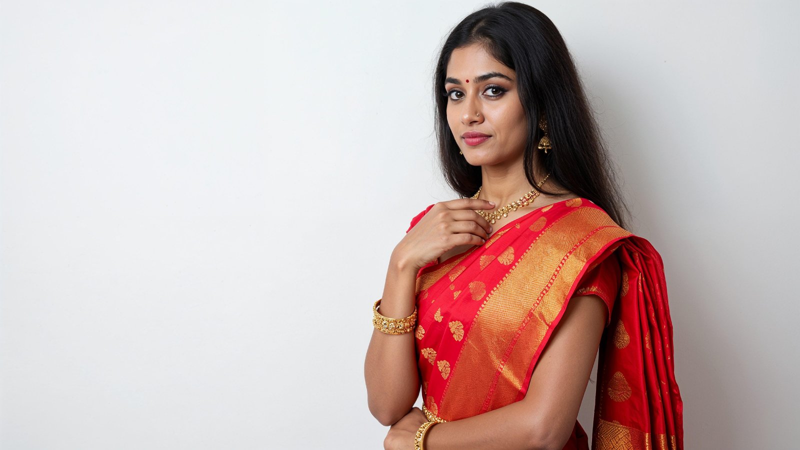 Beautiful Indian Woman Wearing Traditional Saree in Studio Portrait