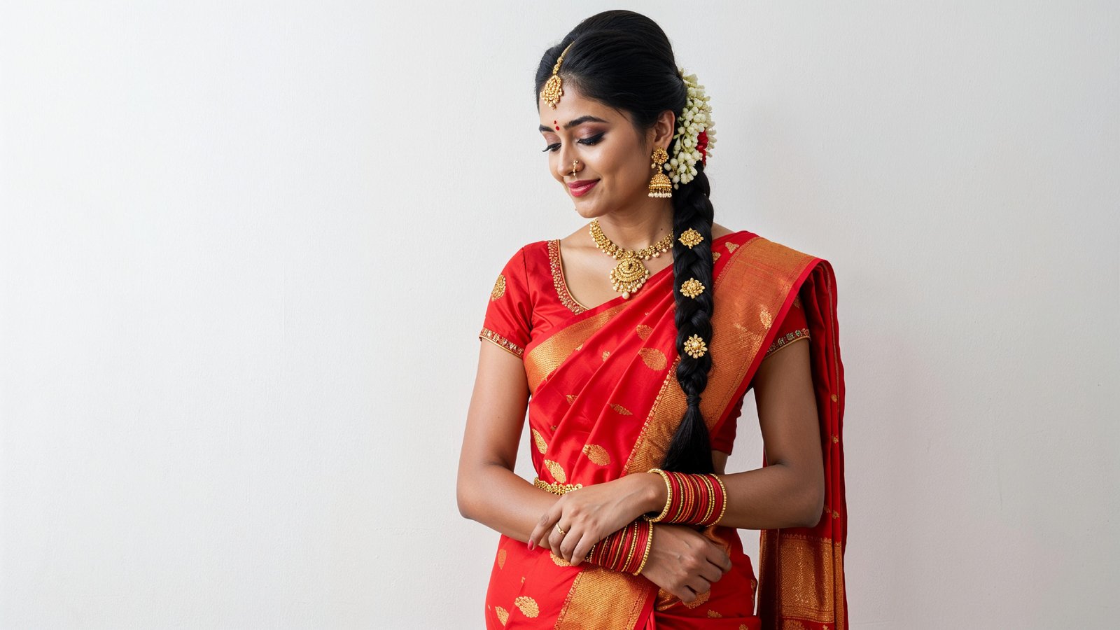 Beautiful Indian Woman Wearing Traditional Saree in Studio Portrait