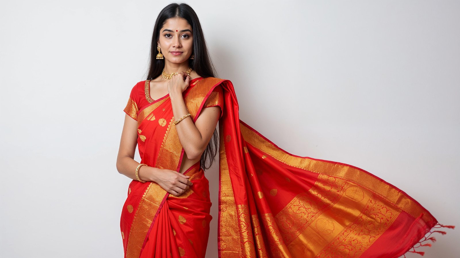 Beautiful Indian Woman Wearing Traditional Saree in Studio Portrait