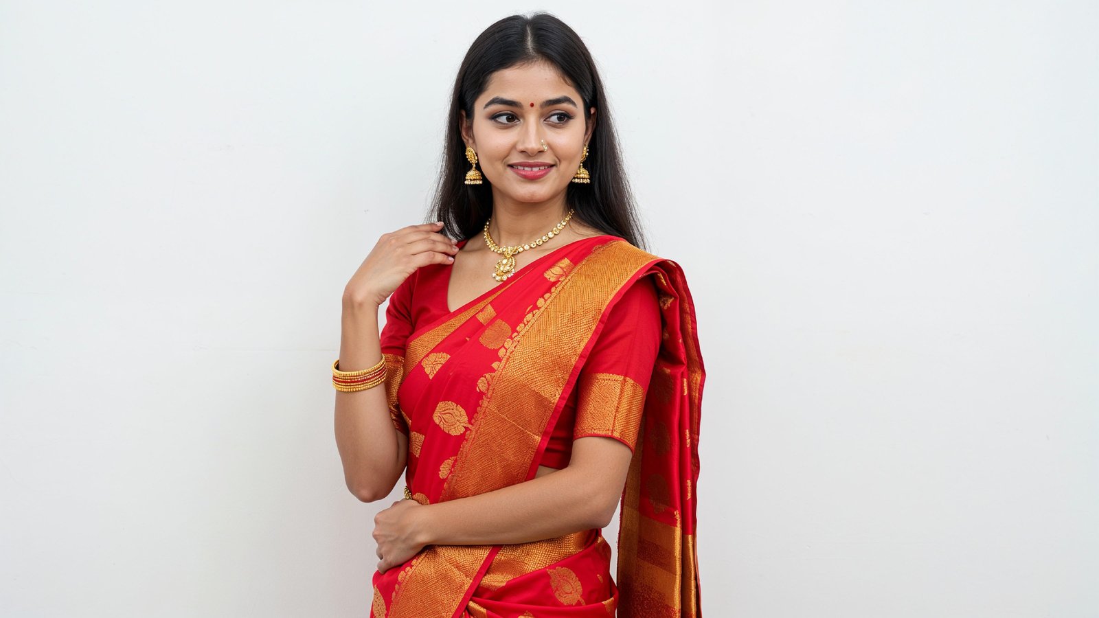 Beautiful Indian Woman Wearing Traditional Saree in Studio Portrait