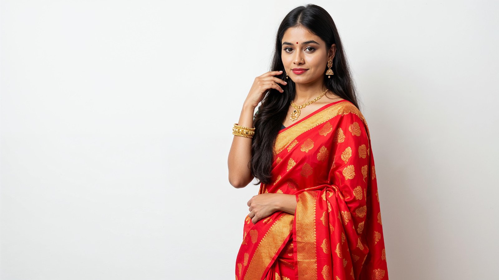 Beautiful Indian Woman Wearing Traditional Saree in Studio Portrait