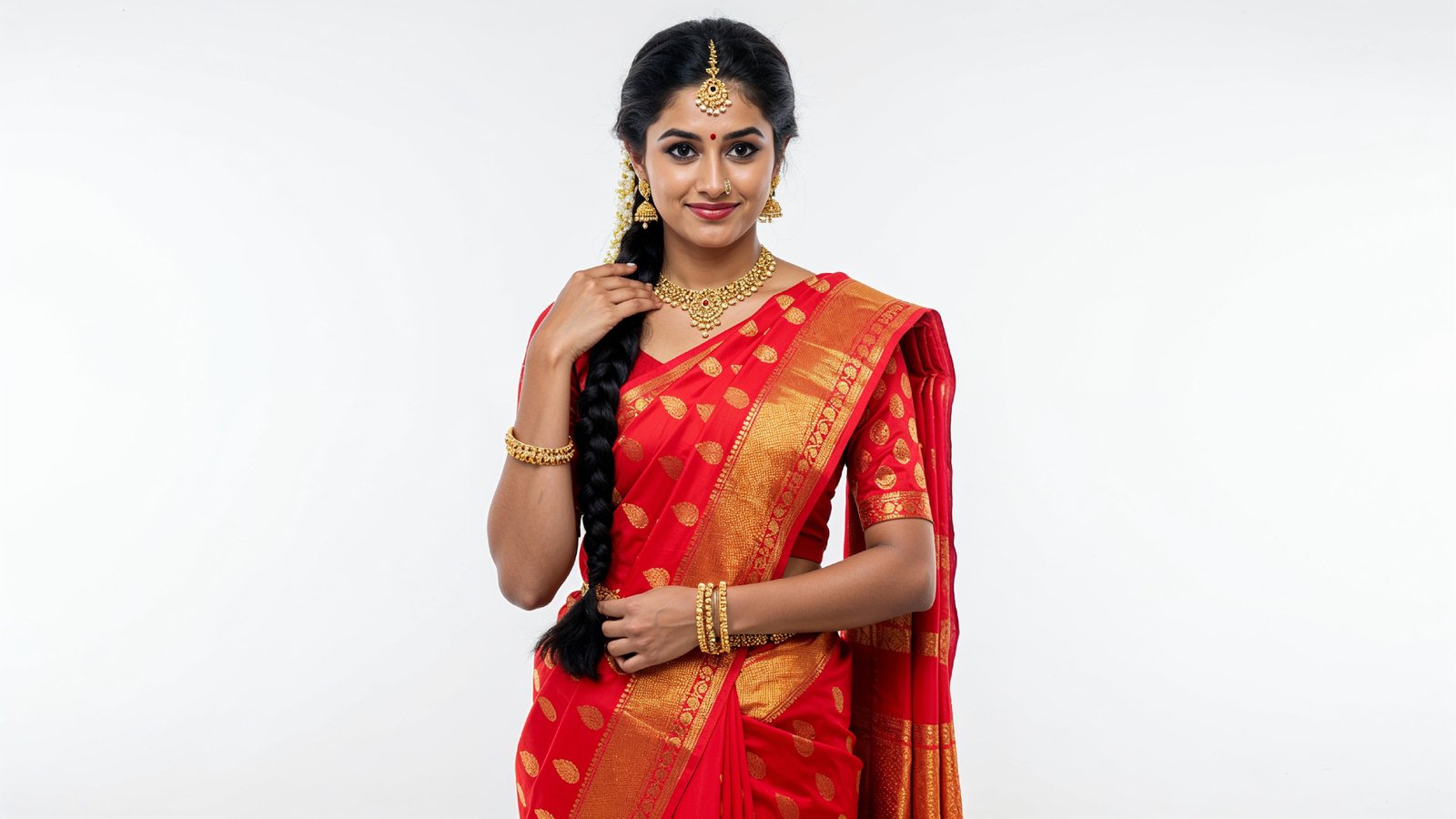 Beautiful Indian Woman Wearing Traditional Saree in Studio Portrait