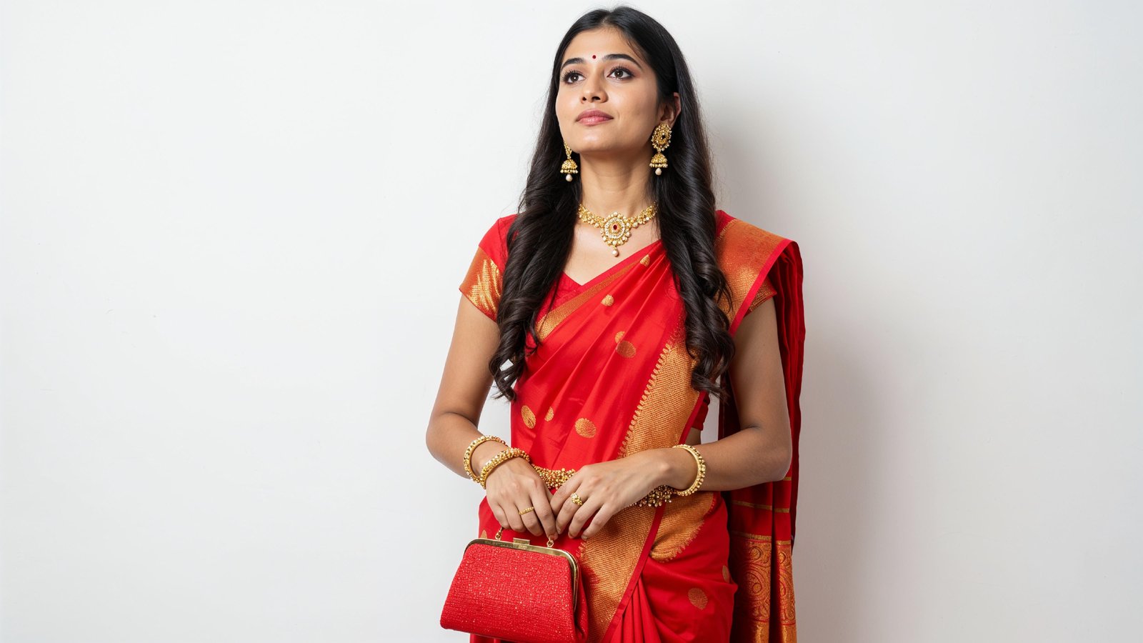 Beautiful Indian Woman Wearing Traditional Saree in Studio Portrait