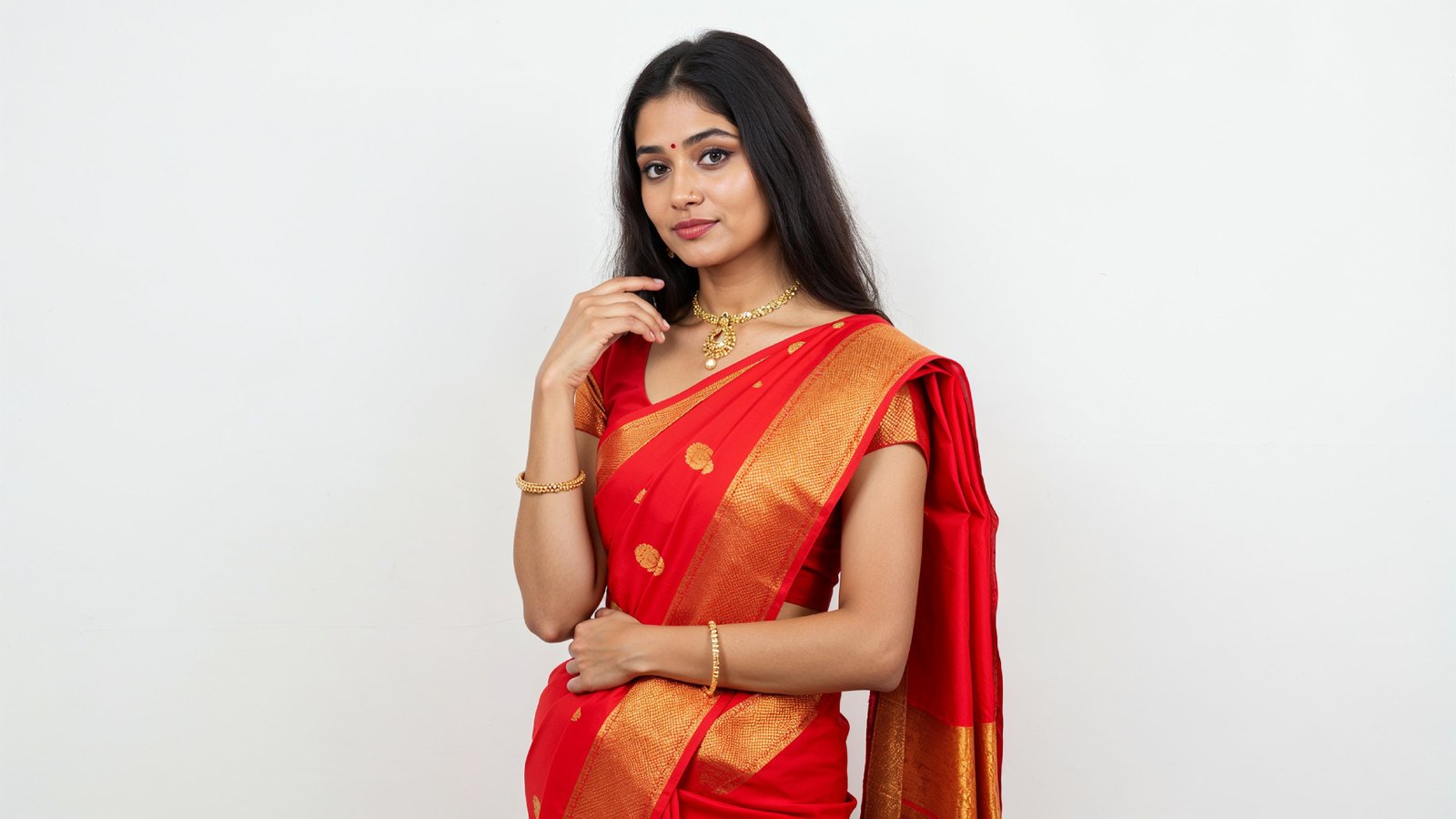 Beautiful Indian Woman Wearing Traditional Saree in Studio Portrait