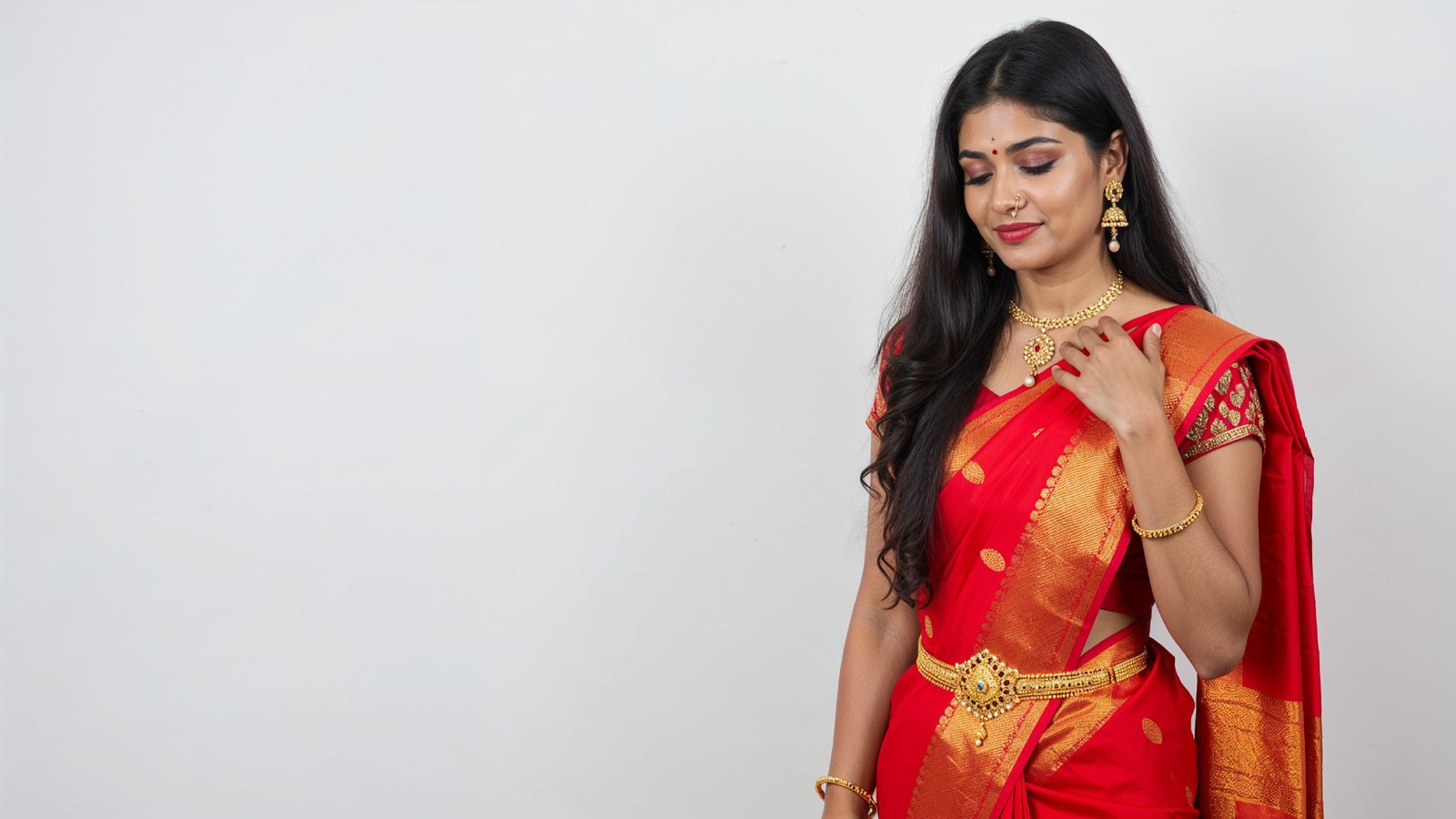 Beautiful Indian Woman Wearing Traditional Saree in Studio Portrait