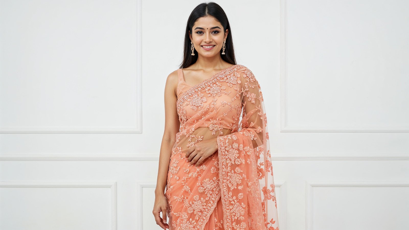 Beautiful Indian Woman Wearing Traditional Saree in Studio Portrait