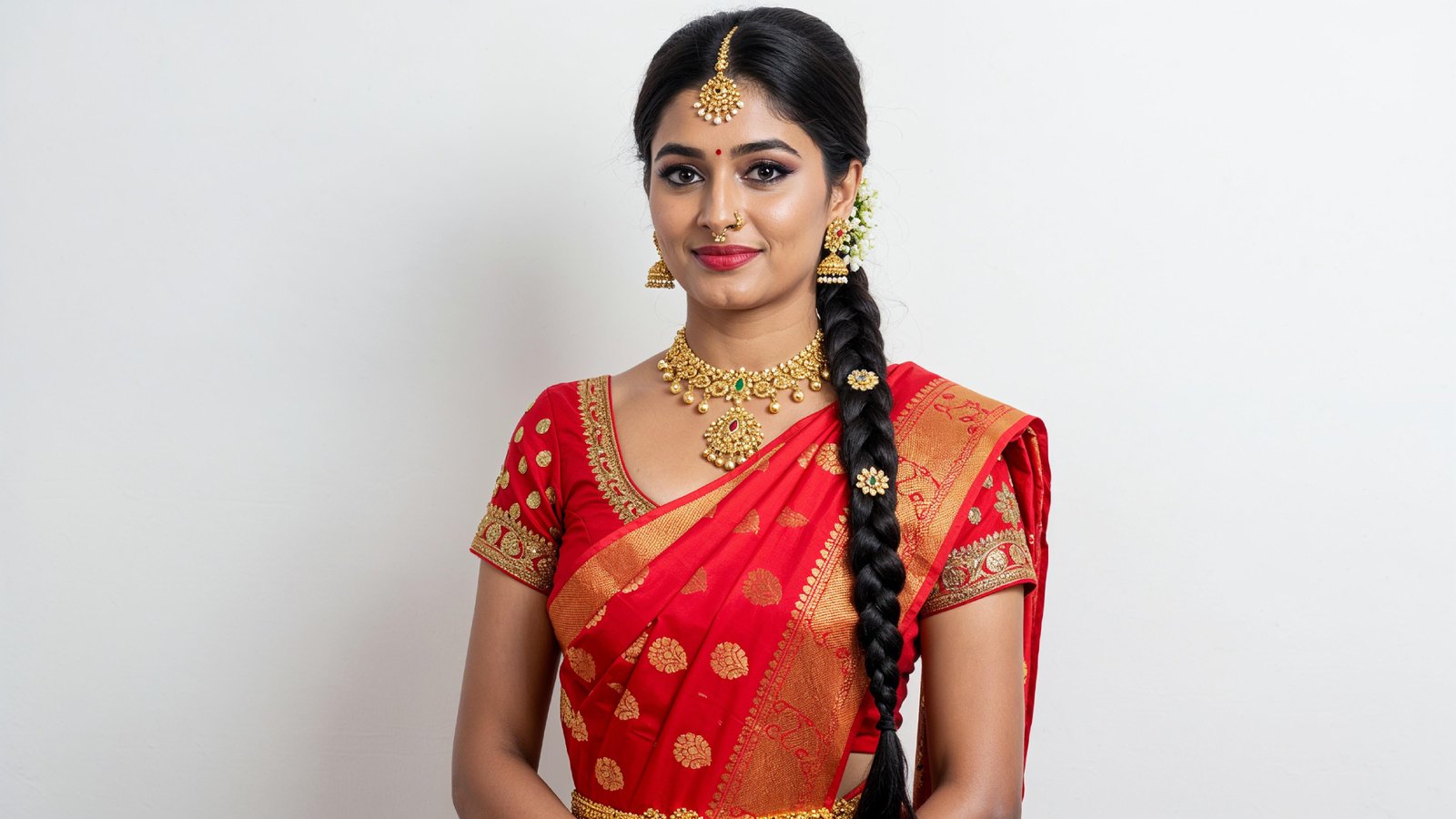 Beautiful Indian Woman Wearing Traditional Saree in Studio Portrait