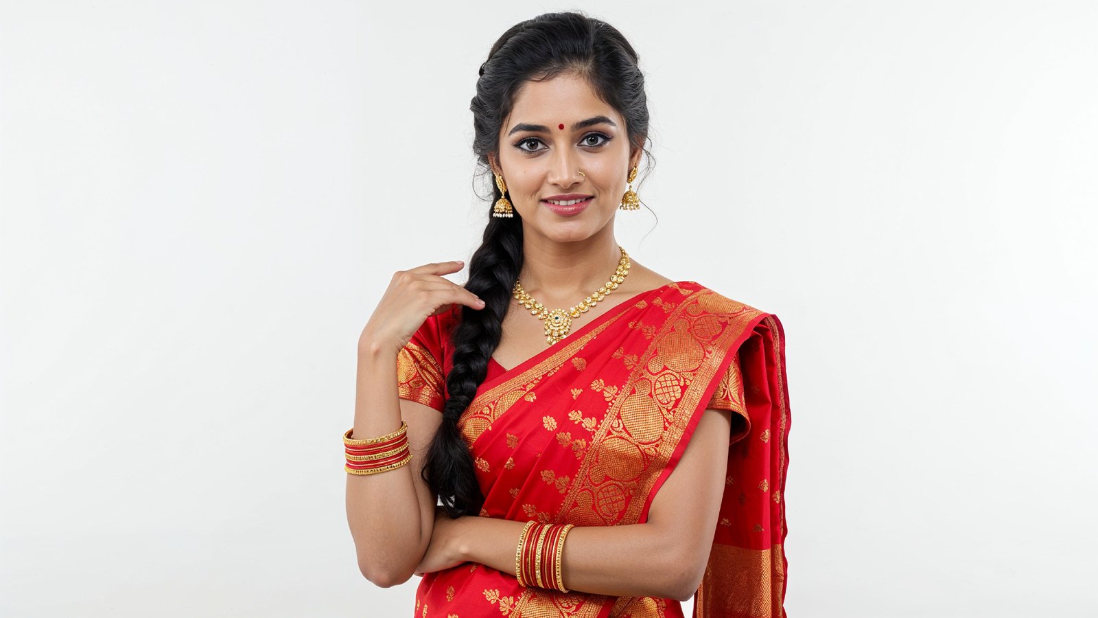 Beautiful Indian Woman Wearing Traditional Saree in Studio Portrait