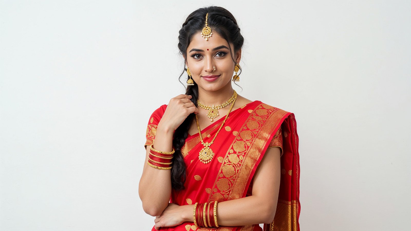 Beautiful Indian Woman Wearing Traditional Saree in Studio Portrait