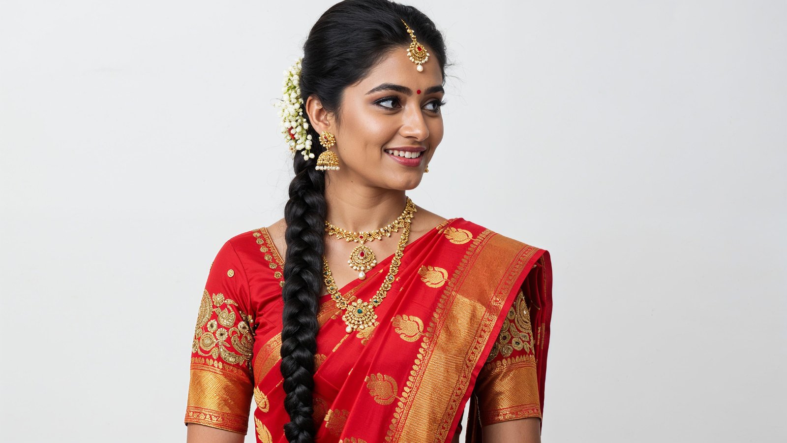 Beautiful Indian Woman Wearing Traditional Saree in Studio Portrait