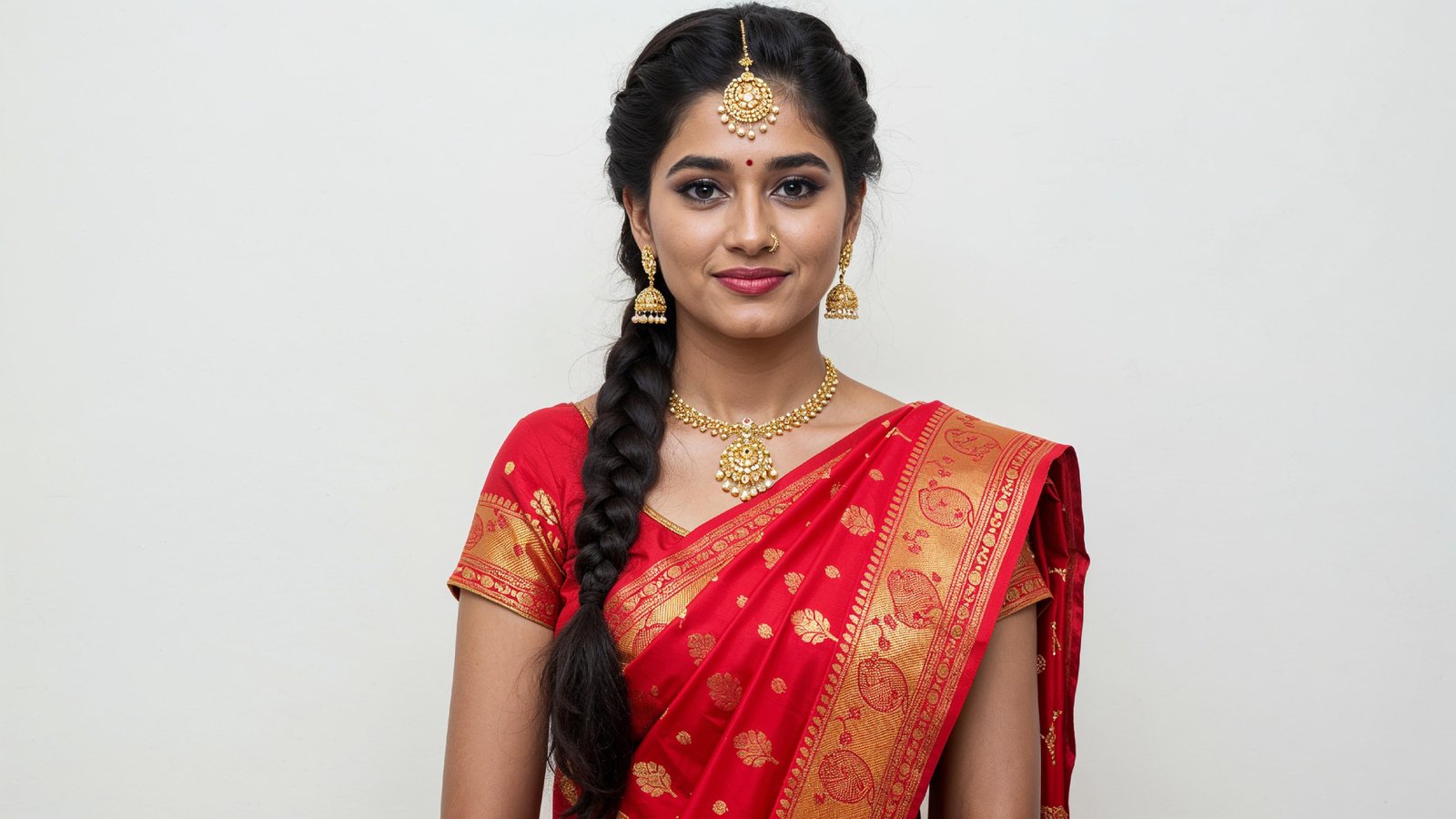 Beautiful Indian Woman Wearing Traditional Saree in Studio Portrait