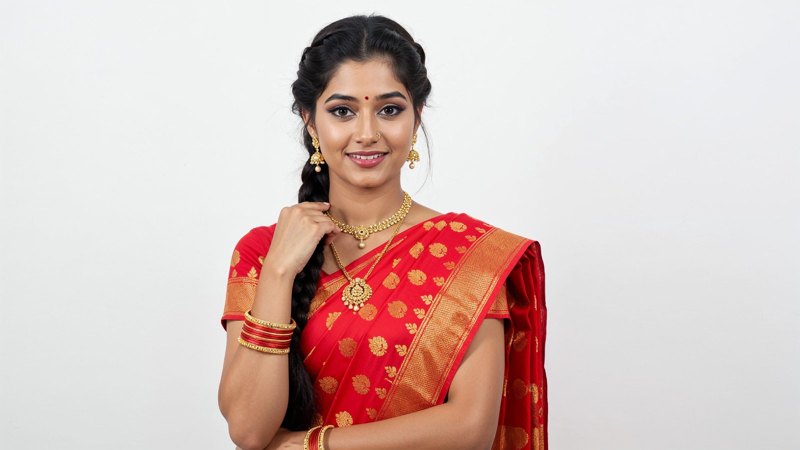 Beautiful Indian Woman Wearing Traditional Saree in Studio Portrait