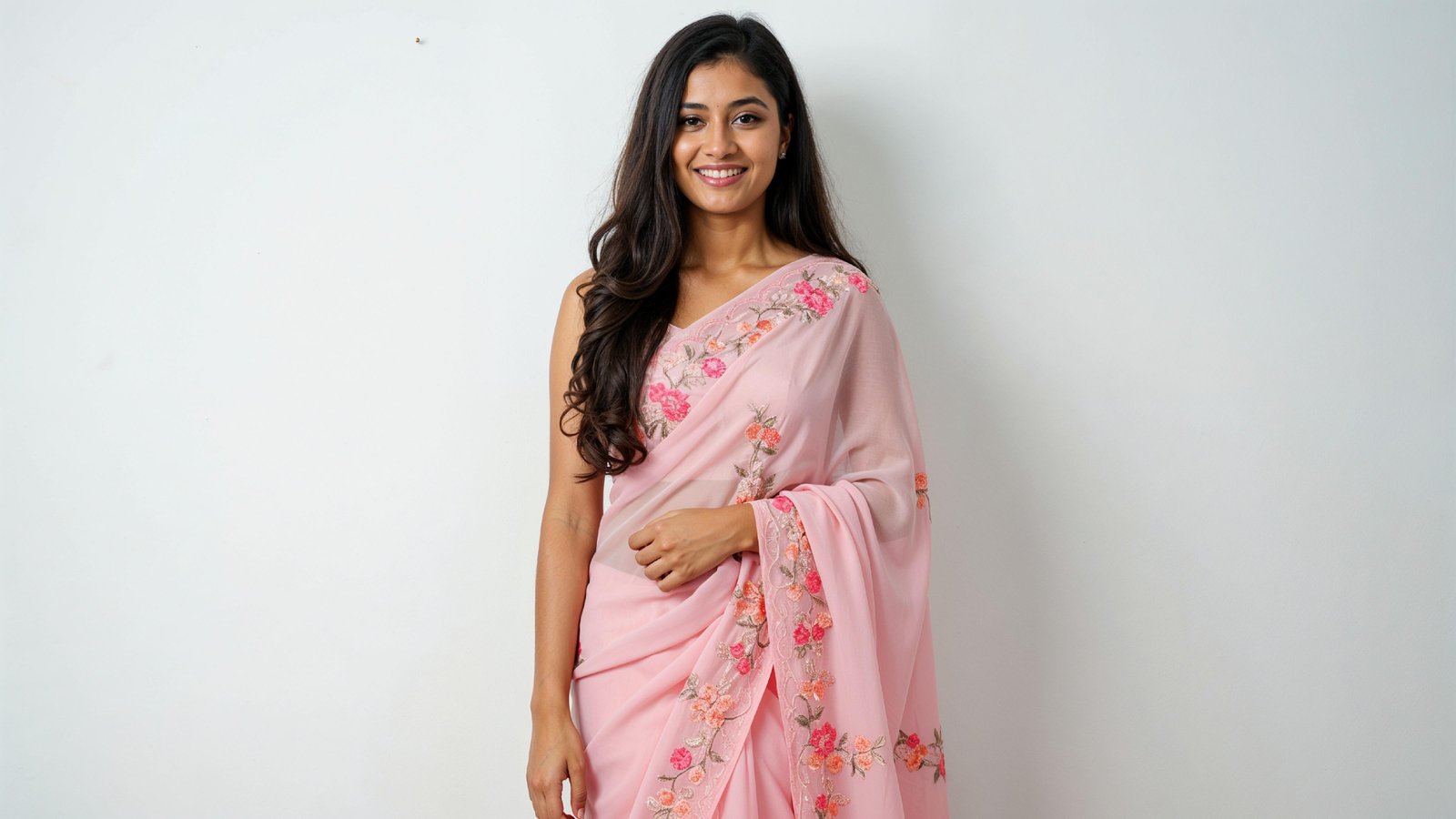 Beautiful Indian Woman Wearing Traditional Saree in Studio Portrait