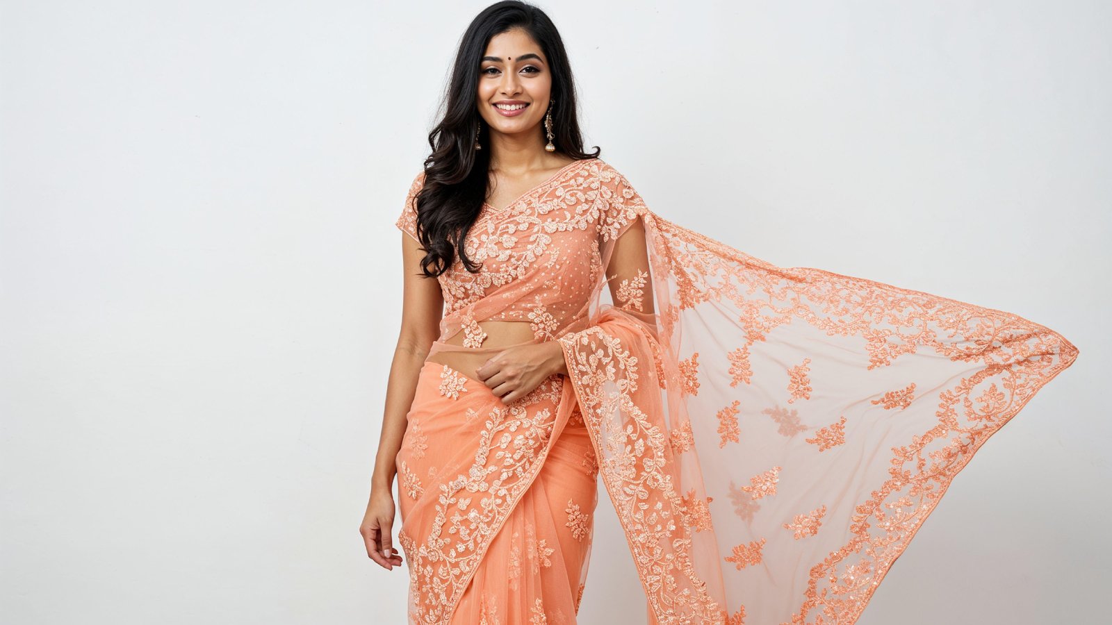 Beautiful Indian Woman Wearing Traditional Saree in Studio Portrait