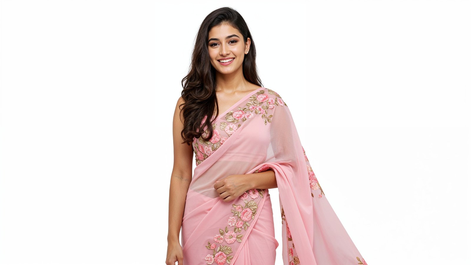 Beautiful Indian Woman Wearing Traditional Saree in Studio Portrait