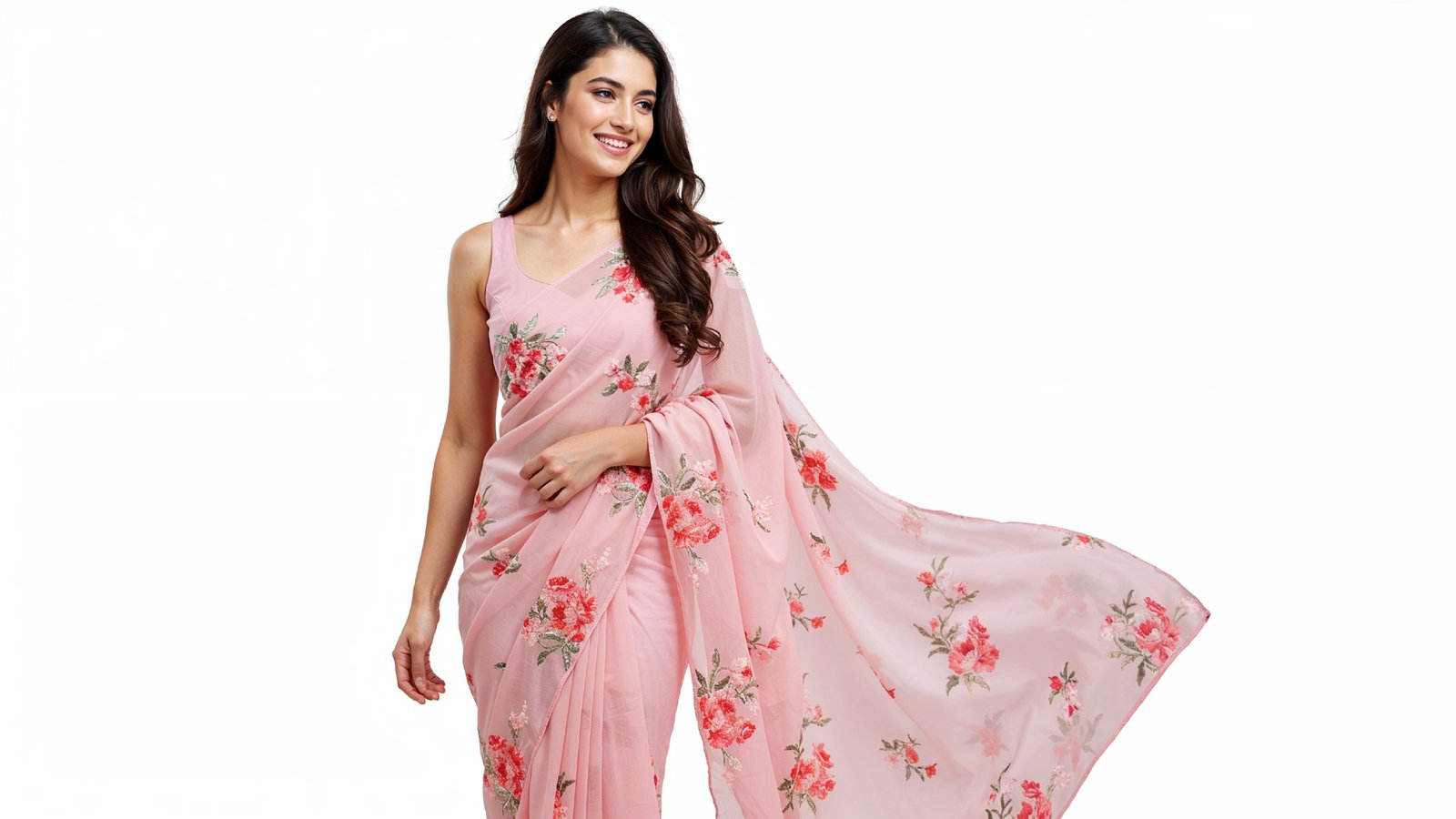 Beautiful Indian Woman Wearing Traditional Saree in Studio Portrait
