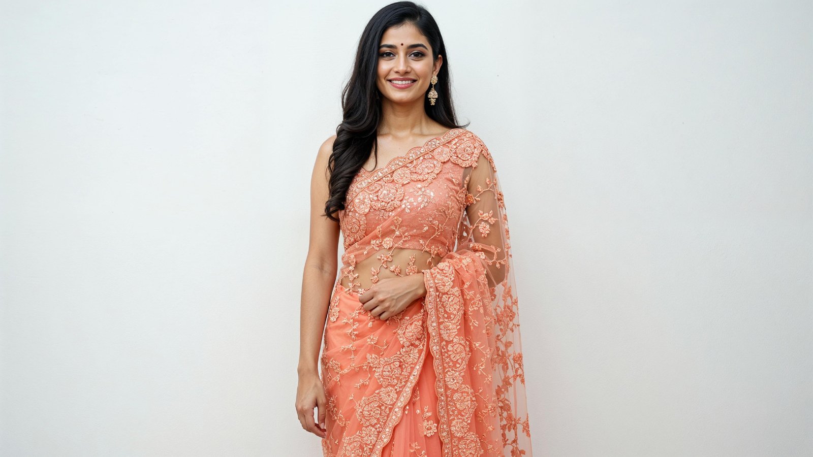 Beautiful Indian Woman Wearing Traditional Saree in Studio Portrait
