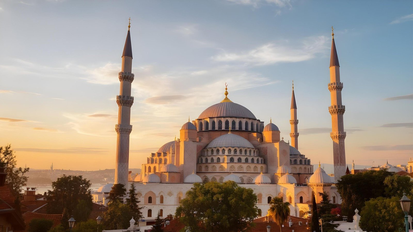 Beautiful Islamic Mosque at Sunset with Majestic Minarets and Golden Sky