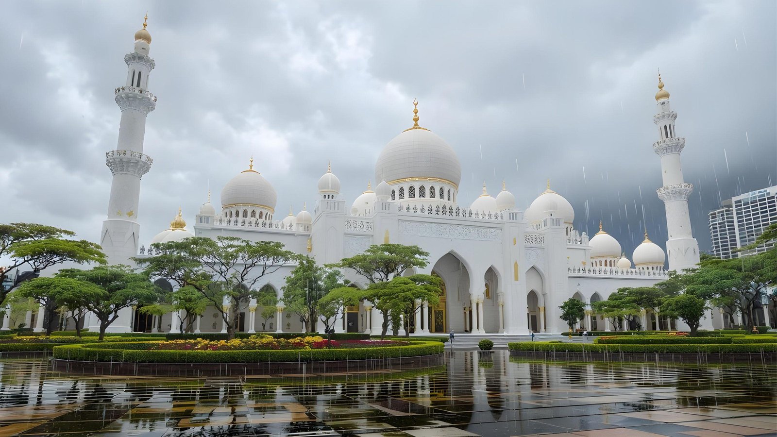 Beautiful Islamic Mosque on Rainy Day with Reflections and Elegant Architecture