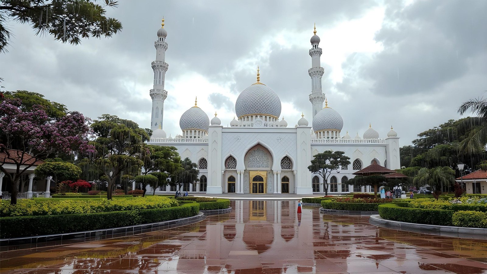 Beautiful Islamic Mosque on Rainy Day with Reflections and Elegant Architecture