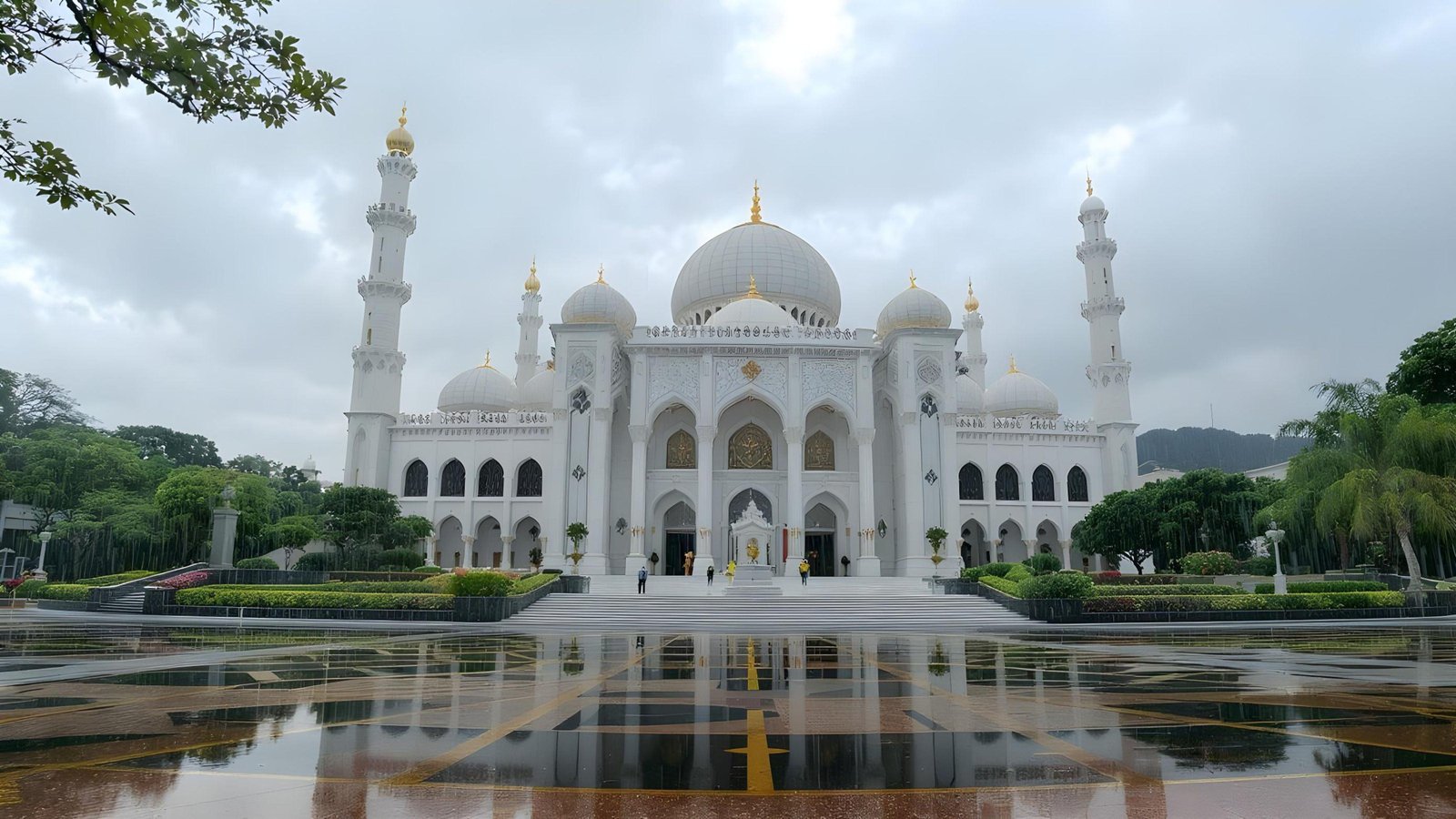 Beautiful Islamic Mosque on Rainy Day with Reflections and Elegant Architecture
