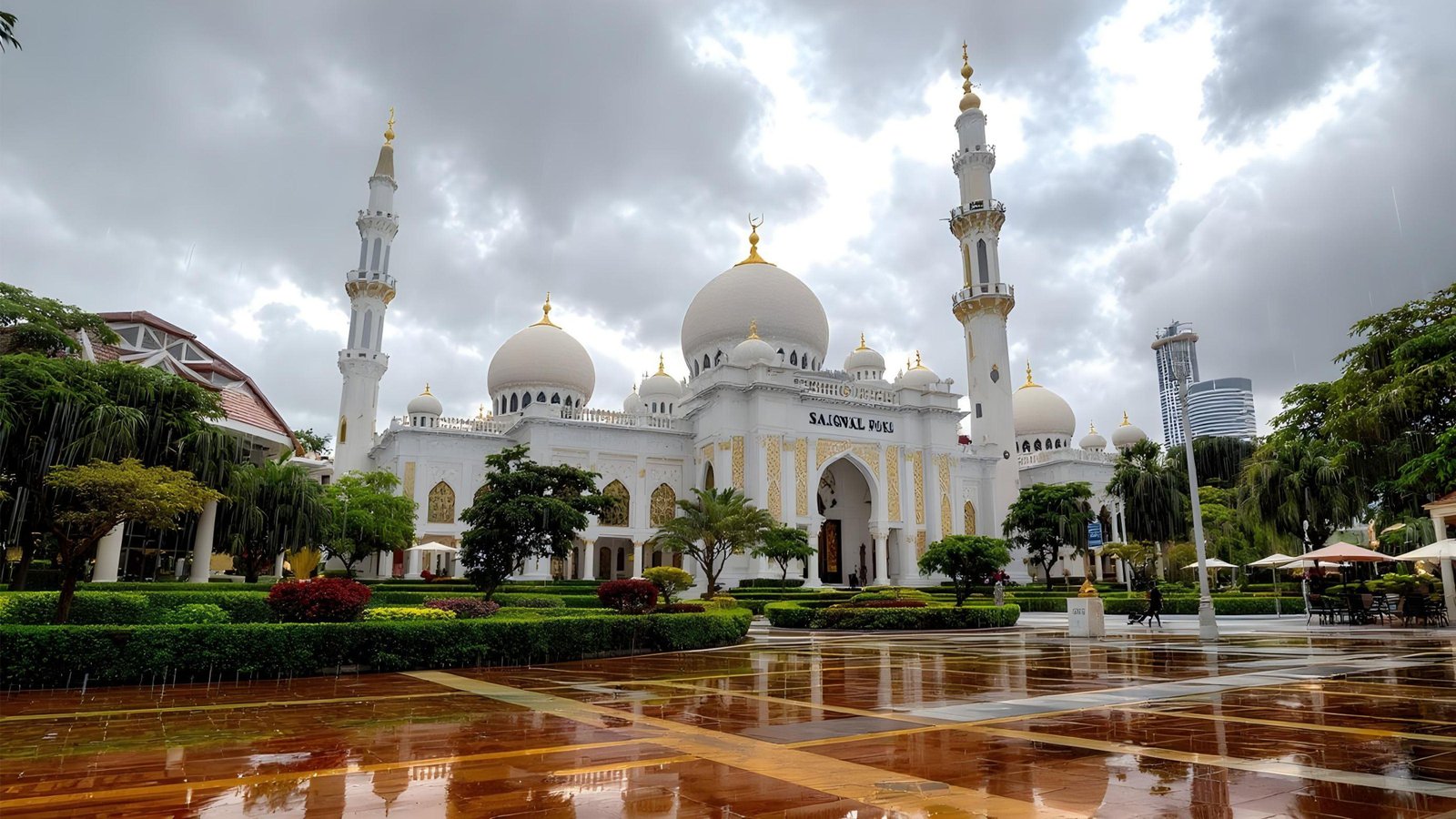 Beautiful Islamic Mosque on Rainy Day with Reflections and Elegant Architecture
