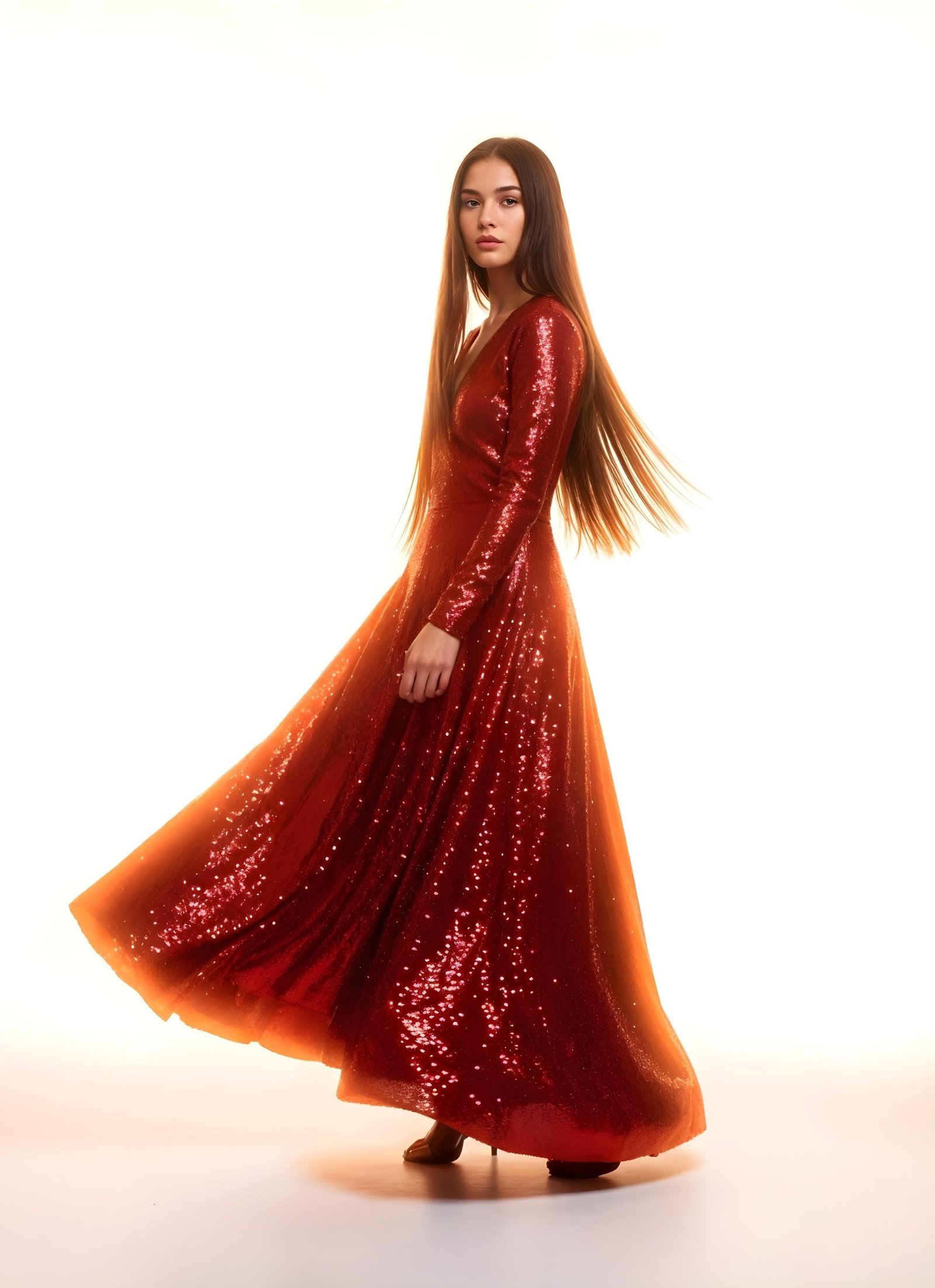 Beautiful Woman Wearing Elegant Red Evening Dress Isolated on White Background