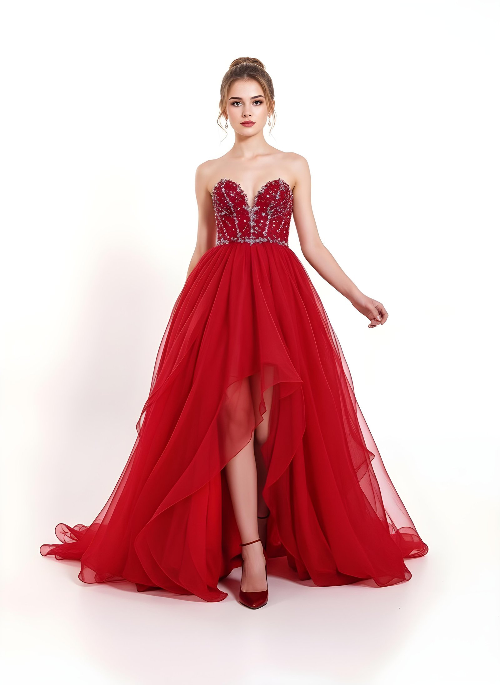 Beautiful Young Girl Wearing Elegant Red Party Dress Isolated on White Background