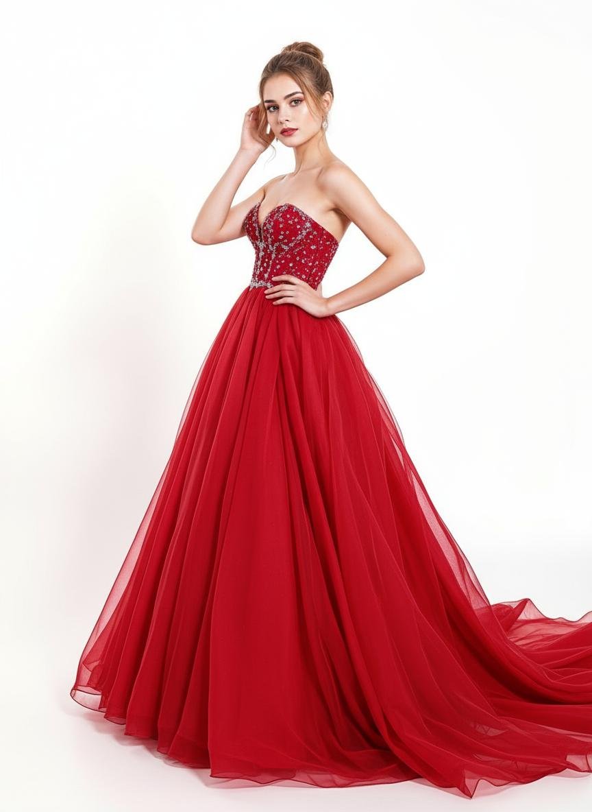 Beautiful Young Girl Wearing Elegant Red Party Dress Isolated on White Background