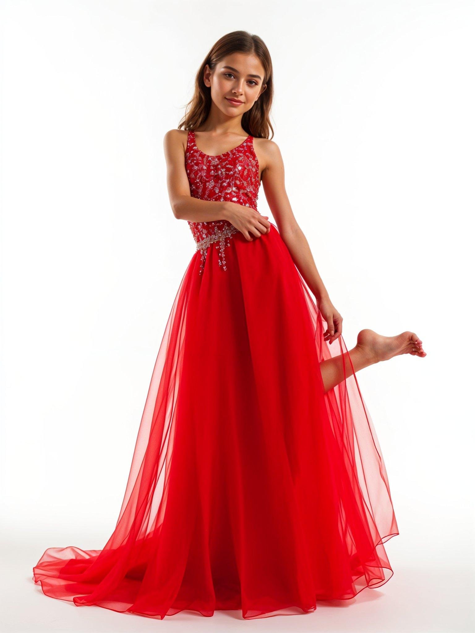 Beautiful Young Girl Wearing Elegant Red Party Dress Isolated on White Background
