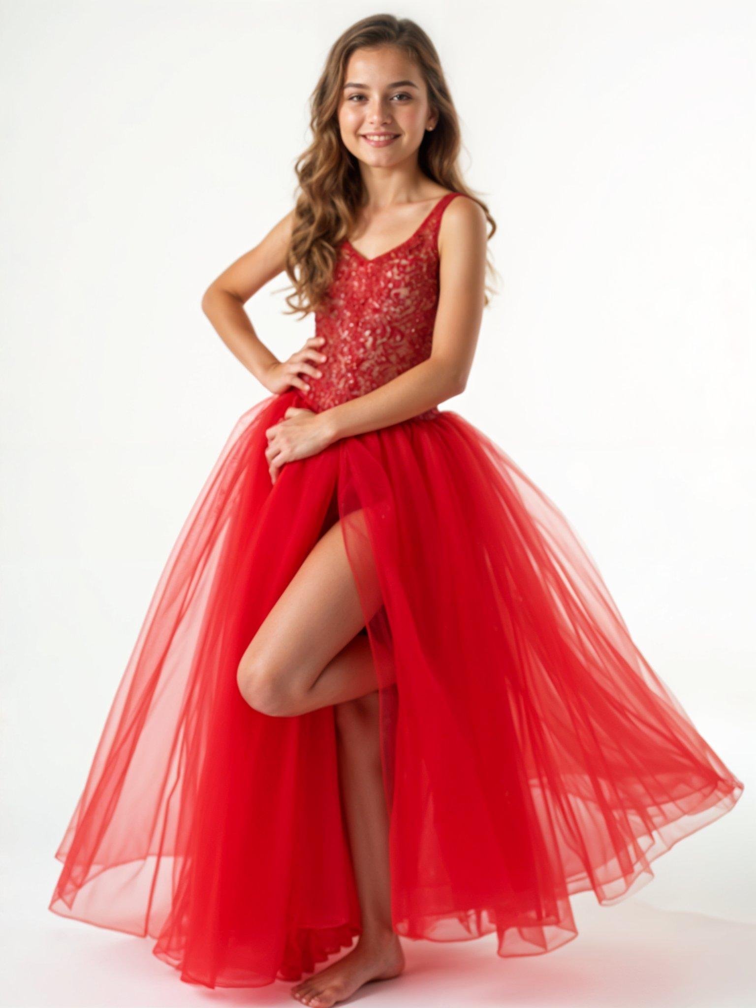 Beautiful Young Girl Wearing Elegant Red Party Dress Isolated on White Background