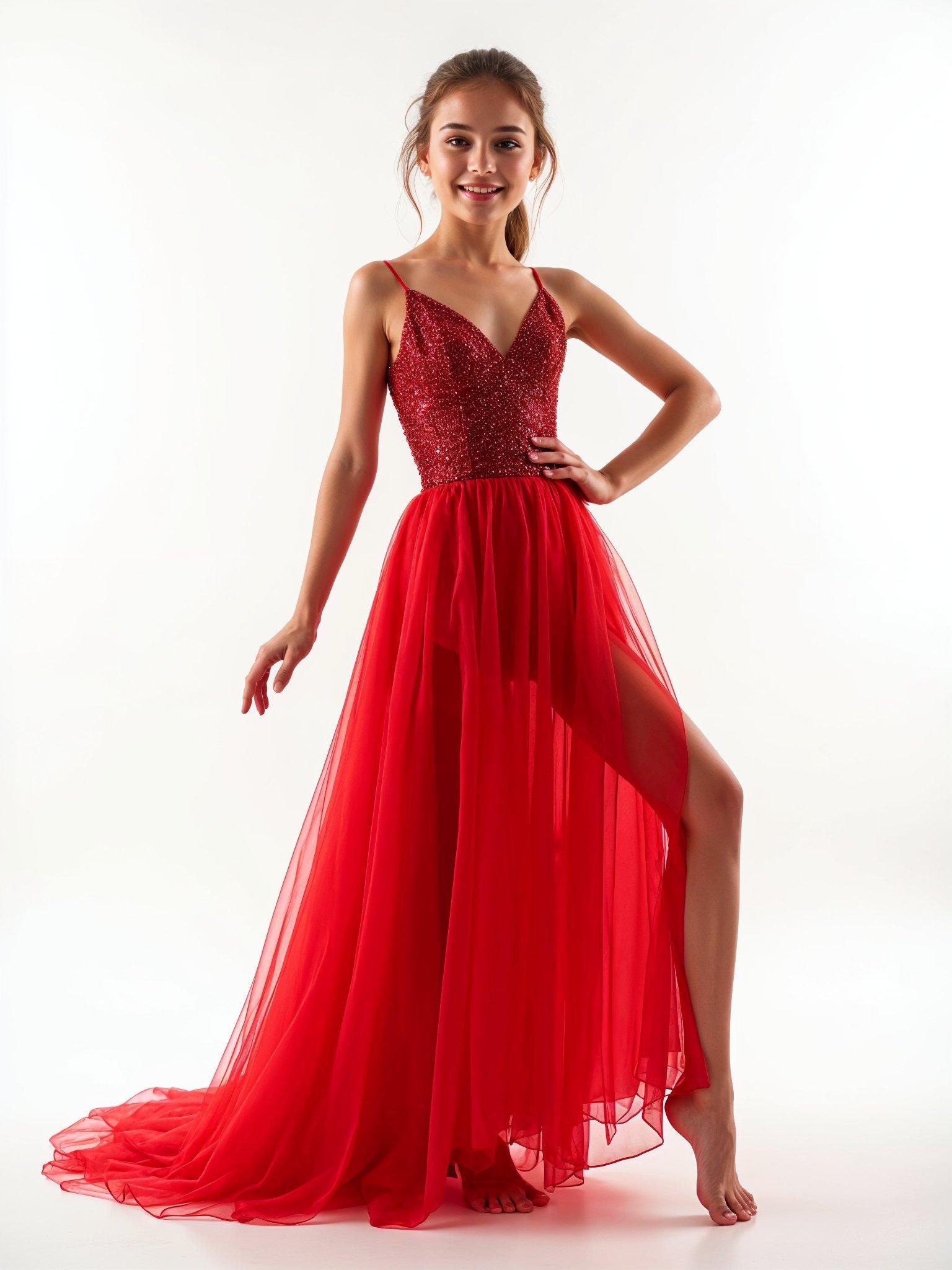 Beautiful Young Girl Wearing Elegant Red Party Dress Isolated on White Background