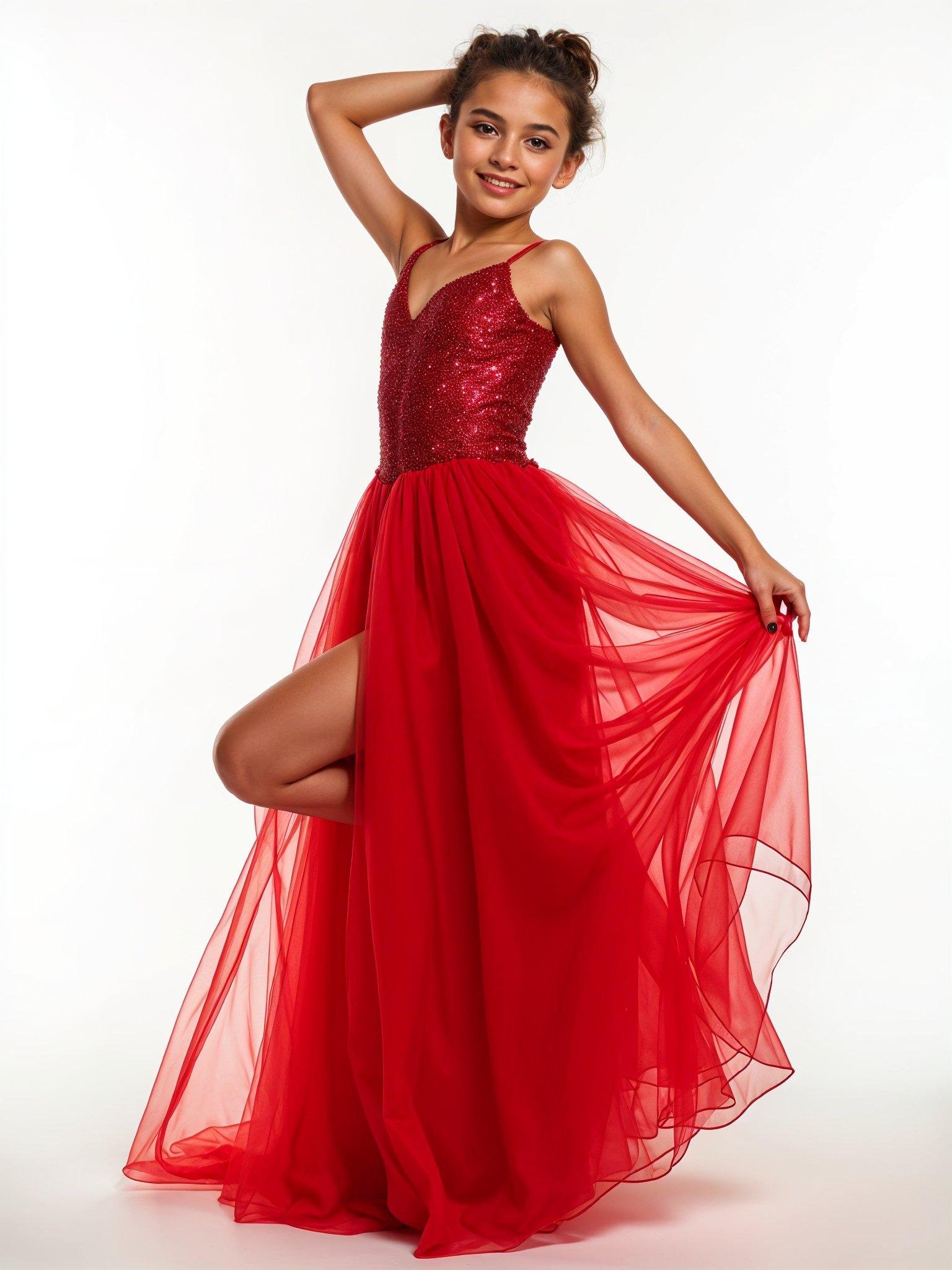 Beautiful Young Girl Wearing Elegant Red Party Dress Isolated on White Background