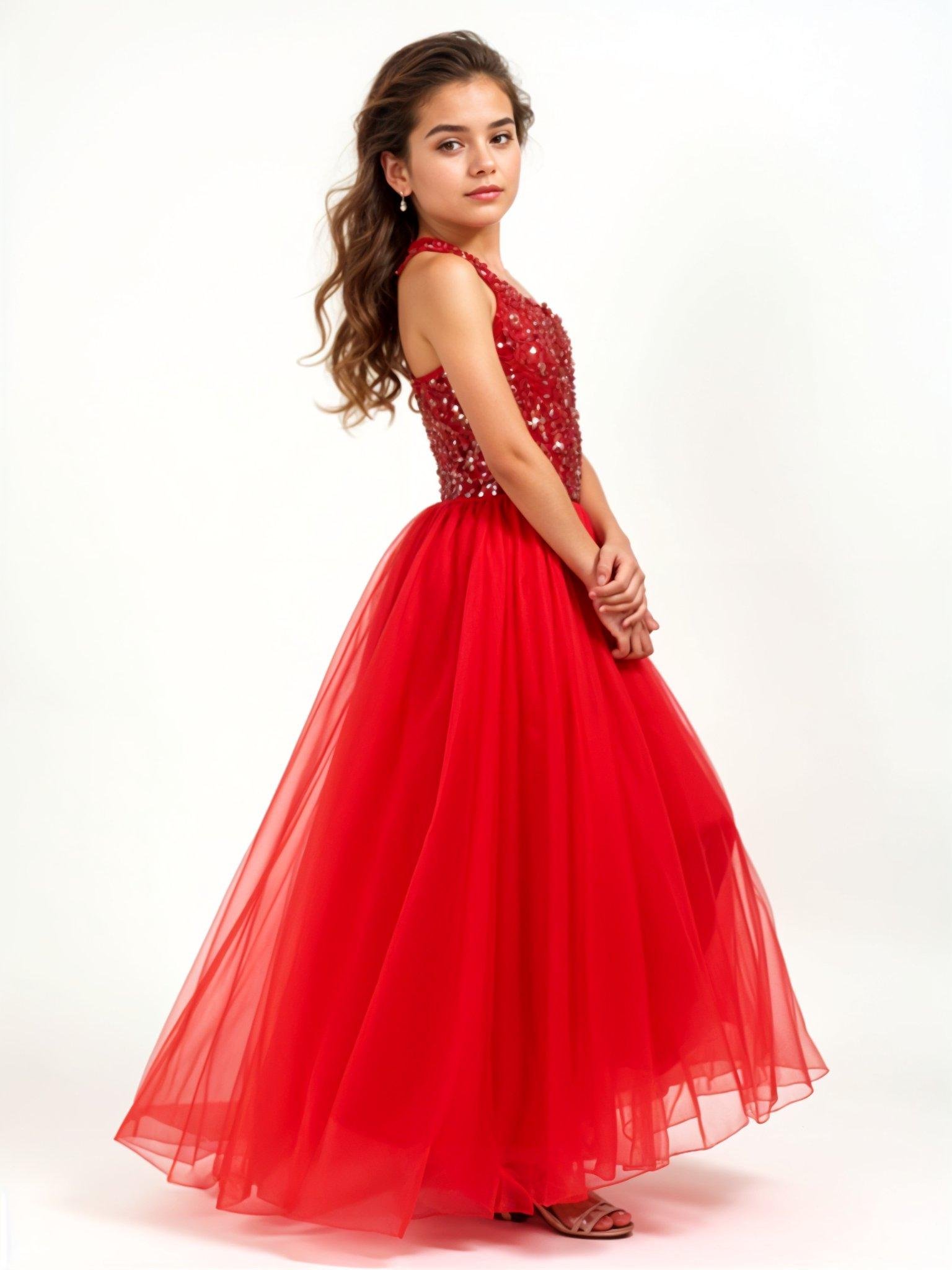 Beautiful Young Girl Wearing Elegant Red Party Dress Isolated on White Background