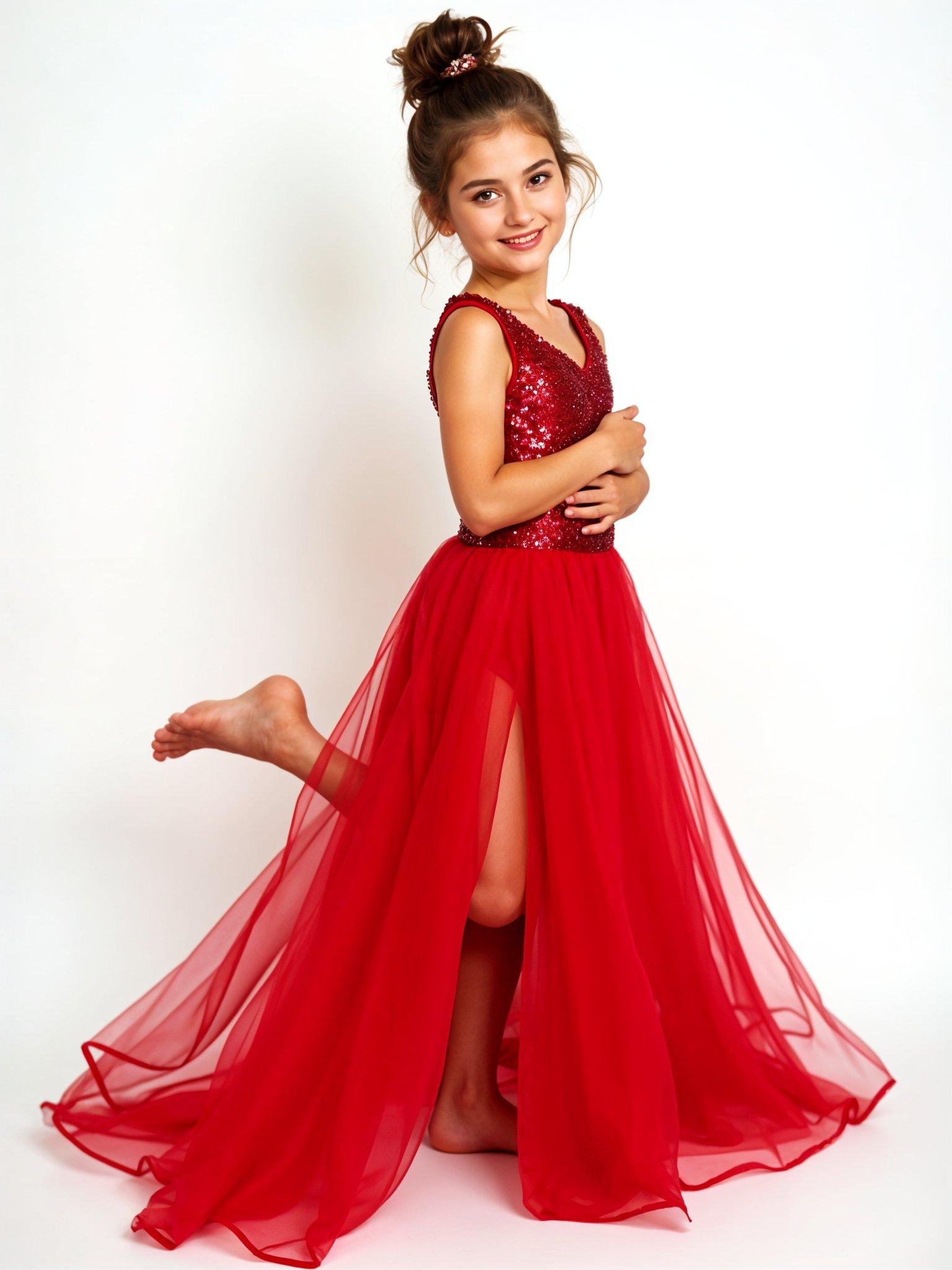 Beautiful Young Girl Wearing Elegant Red Party Dress Isolated on White Background