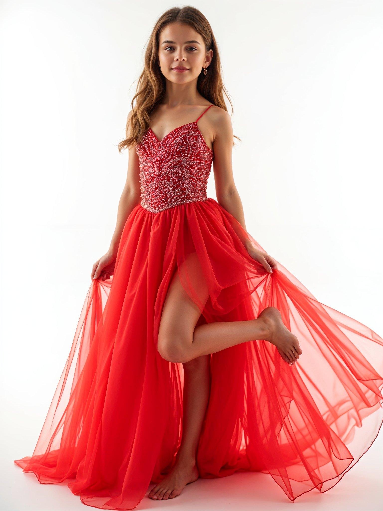 Beautiful Young Girl Wearing Elegant Red Party Dress Isolated on White Background