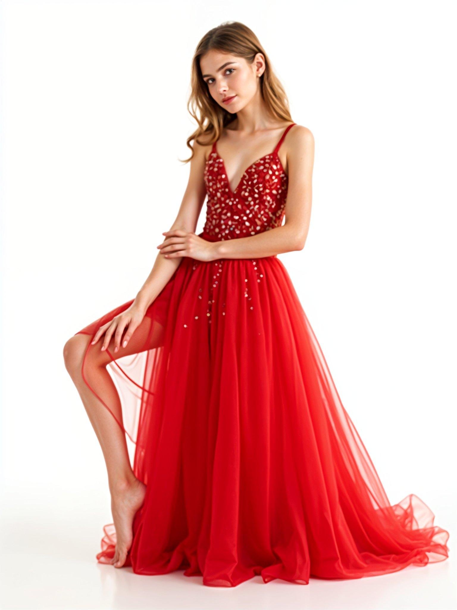 Beautiful Young Girl Wearing Elegant Red Party Dress Isolated on White Background