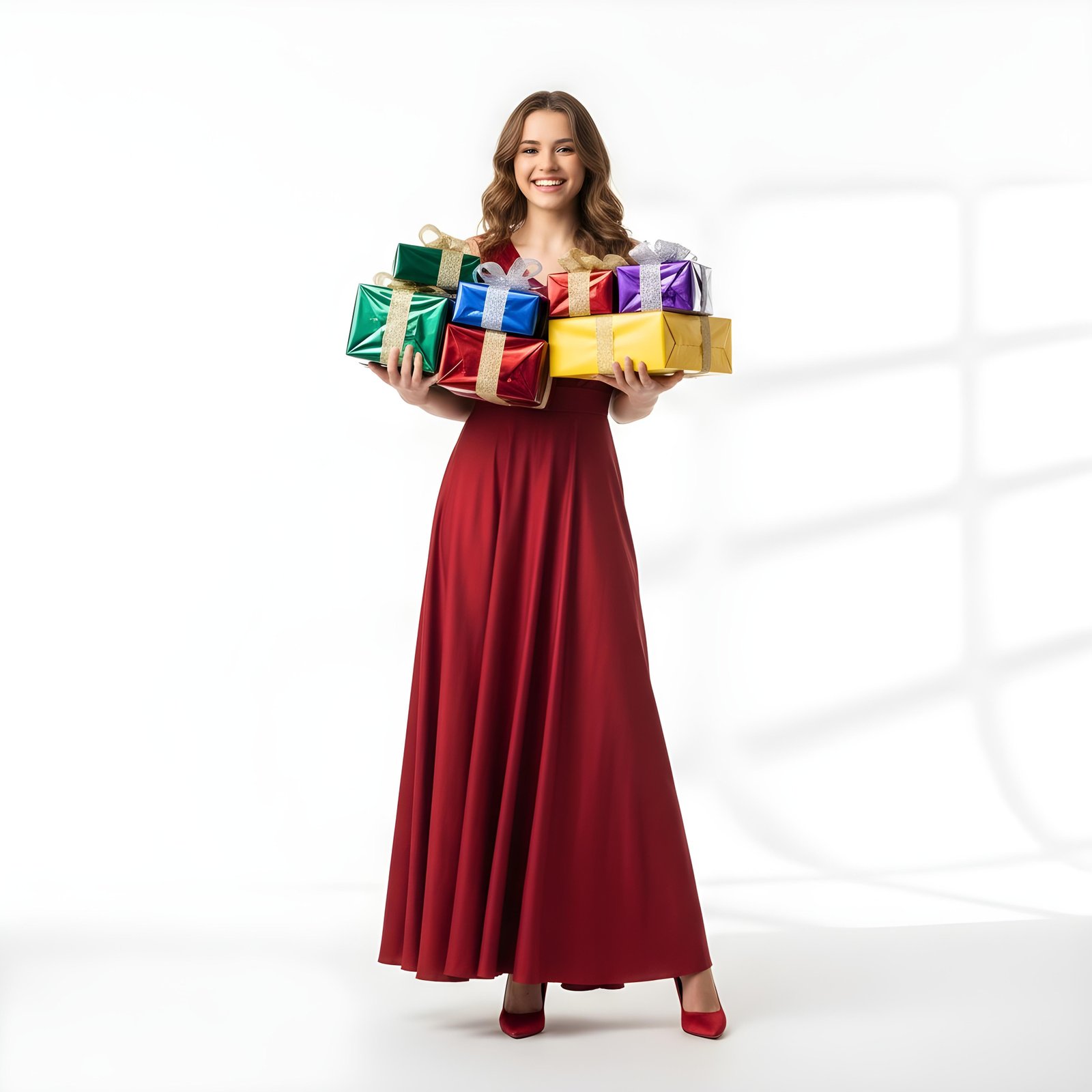 Beautiful Young Woman Holding Colorful Gift Boxes Isolated on White Background