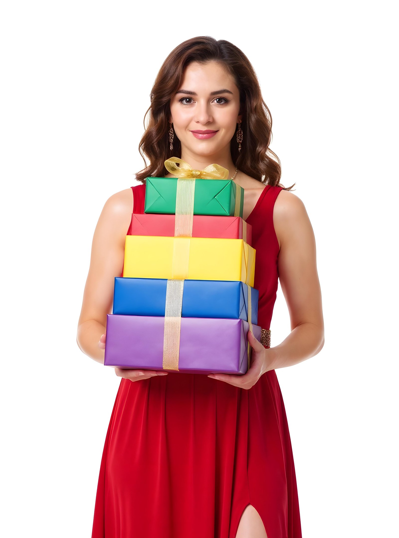 Beautiful Young Woman Holding Colorful Gift Boxes Isolated on White Background