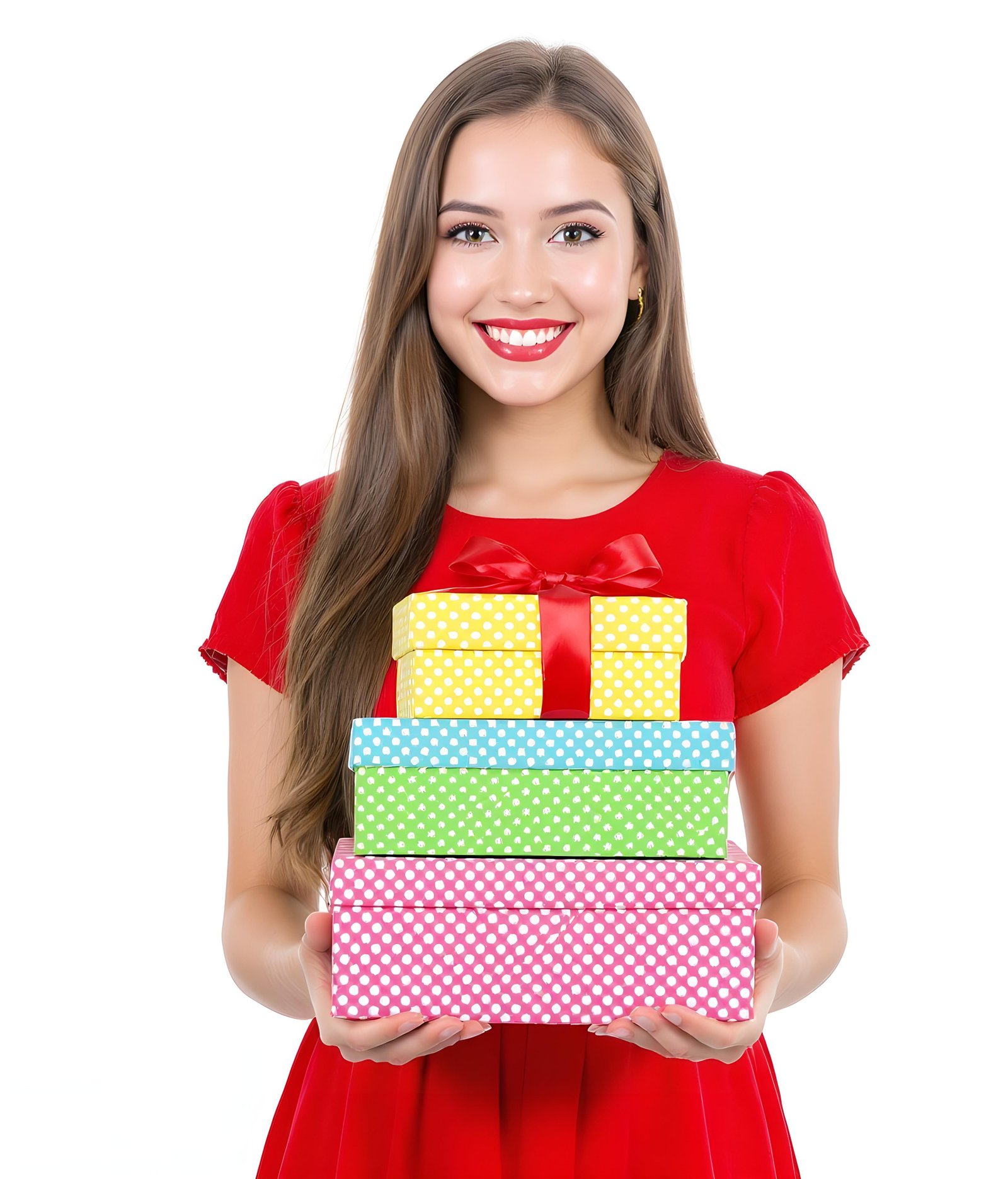 Beautiful Young Woman Holding Colorful Gift Boxes Isolated on White Background