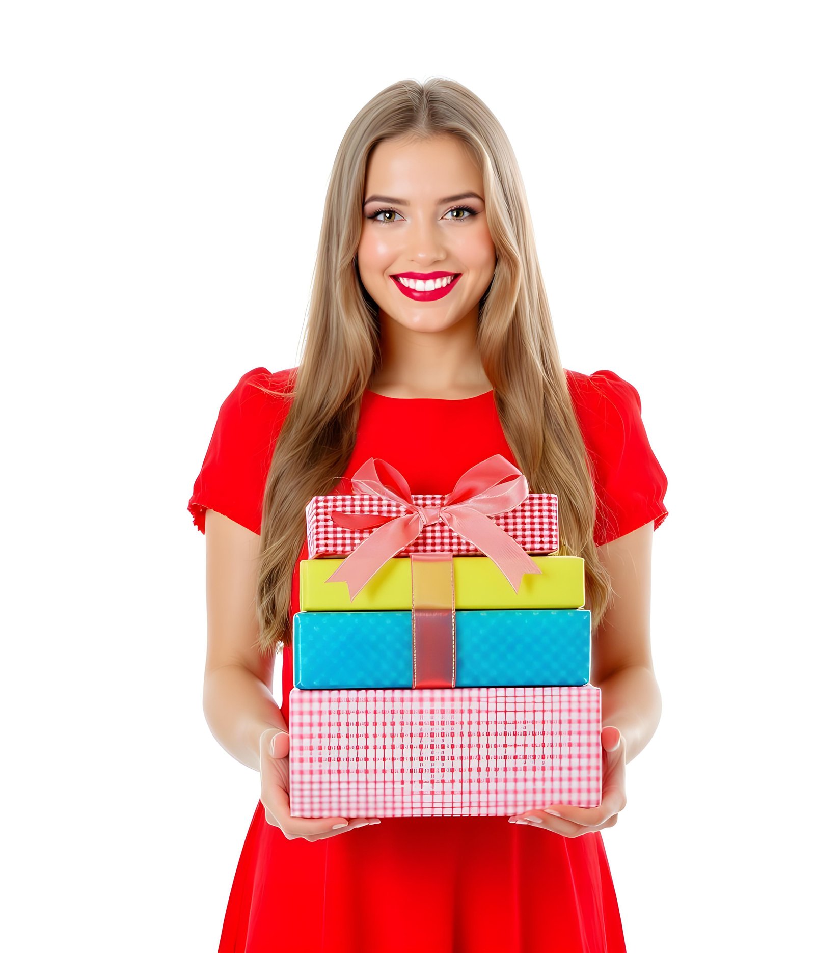 Beautiful Young Woman Holding Colorful Gift Boxes Isolated on White Background