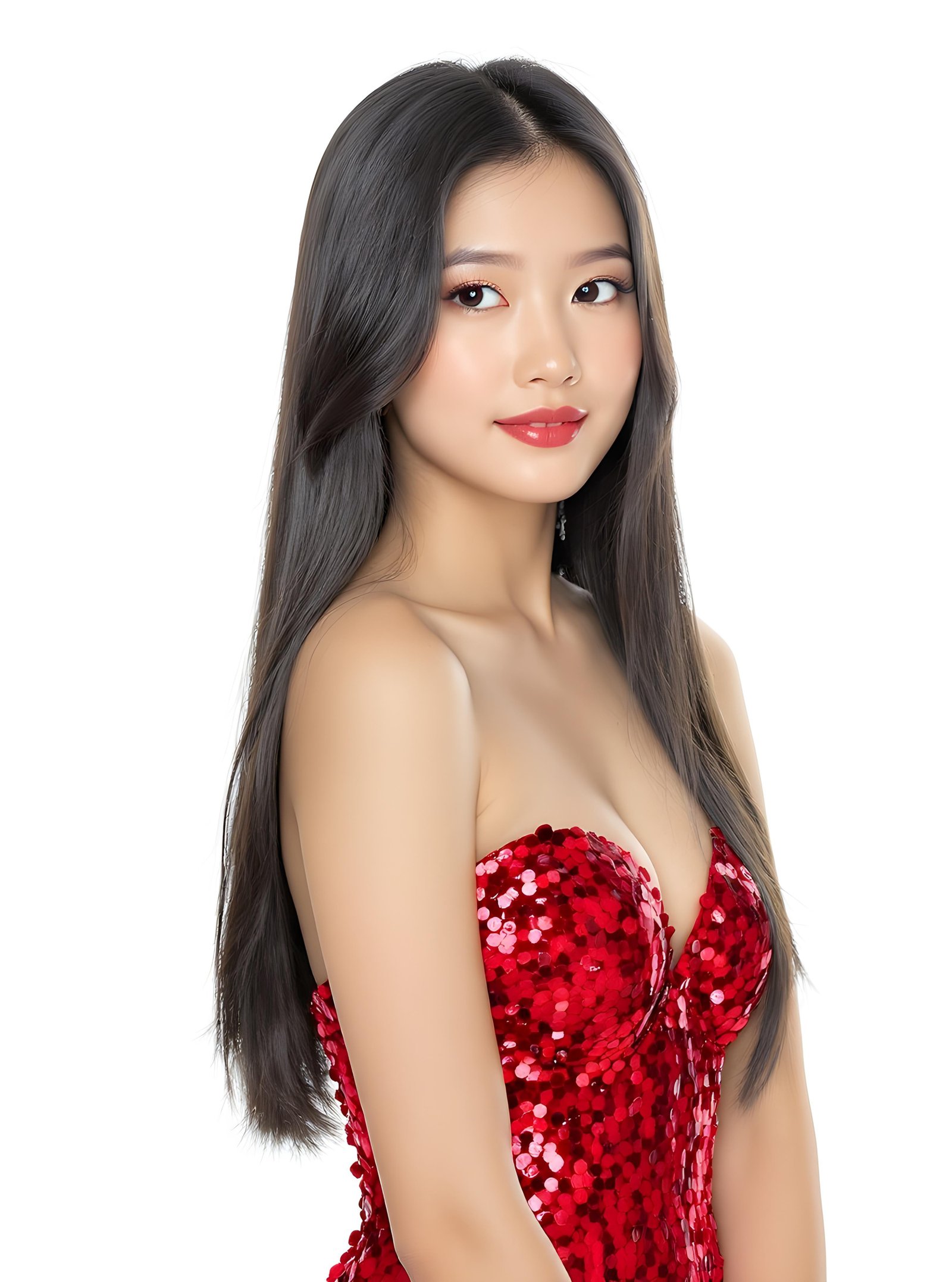 Beautiful Young Woman Wearing Elegant Red Dress Isolated on White Background