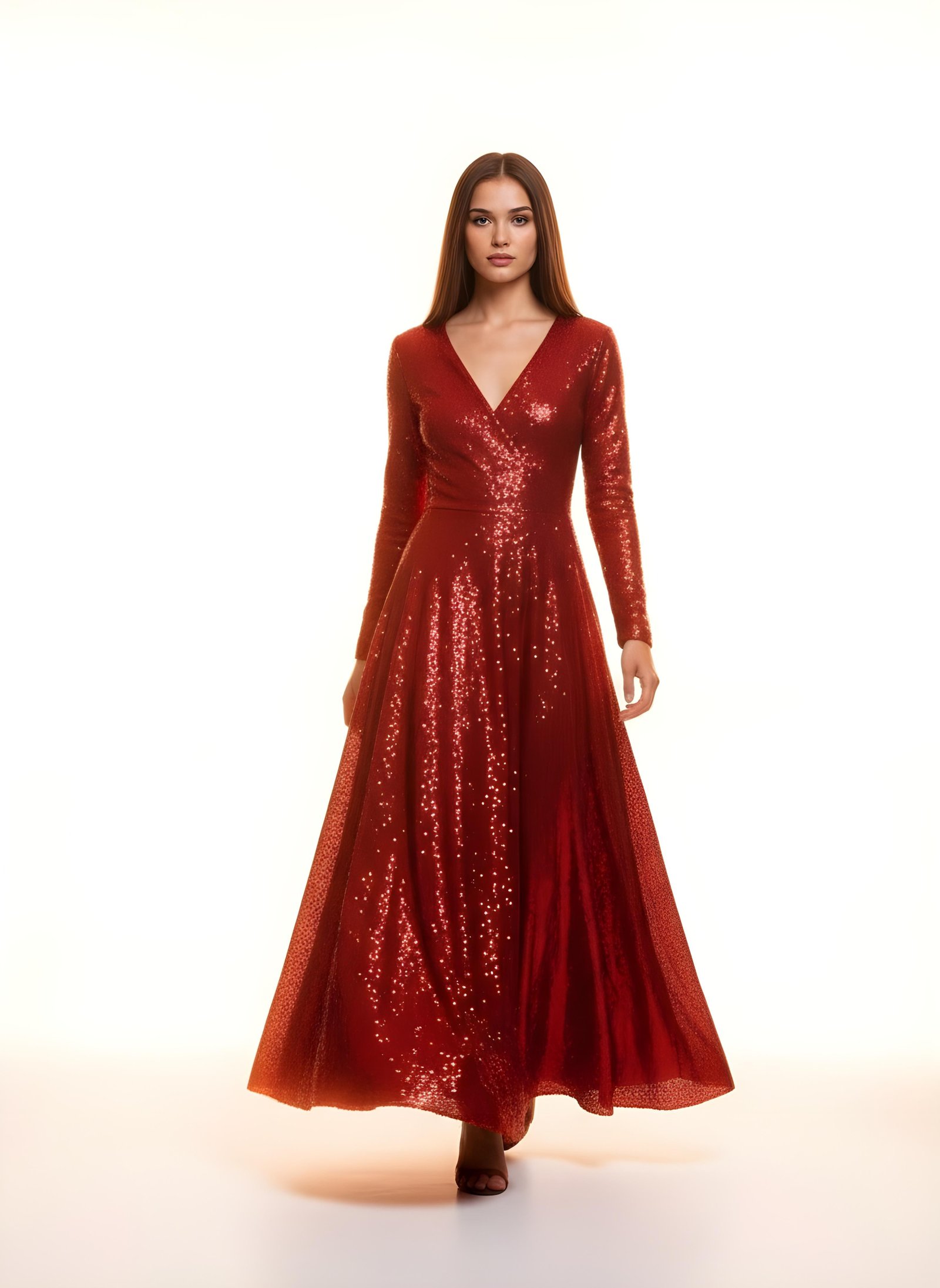 Beautiful Young Woman Wearing Elegant Red Dress Isolated on White Background